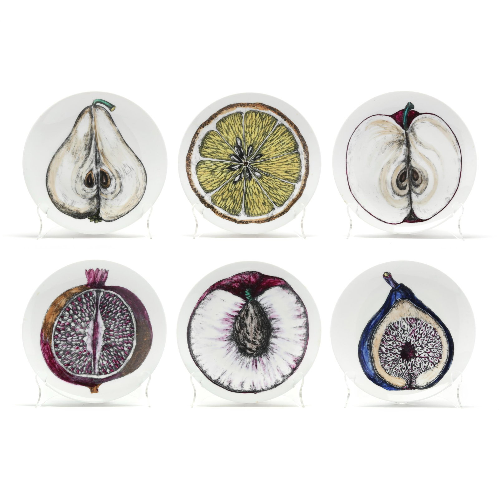Piero Fornasetti (Italian, 1913-1988), Six "Sezione di Frutta" Porcelain Plates: Piero Fornasetti (Italian, 1913-1988), Six "Sezione di Frutta" Porcelain PlatesItaly, 1960-1980, hand-painted onto German porcelain, each with different fruit, numbered and labeled to underside. 8 1/2