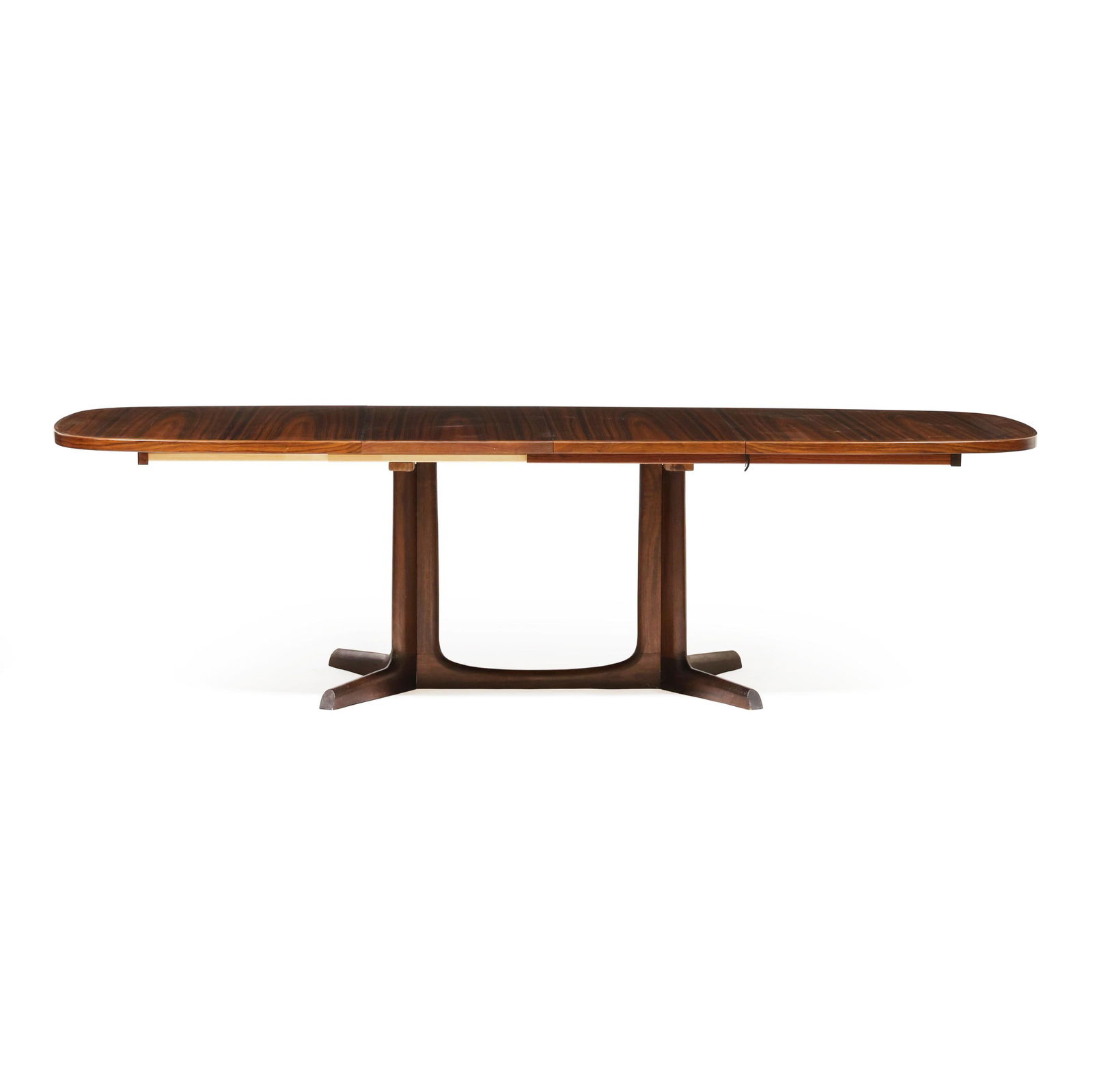 Niels Otto Møller (Danish, 1920-1982), Rosewood Dining Table: Niels Otto Møller (Danish, 1920-1982), Rosewood Dining Table circa 1960, by Gudme Mobelfabrik, rectangular top with banded edge, trestle base, with two leaves, labeled. 28.5 x 41.5 x 63 in., each