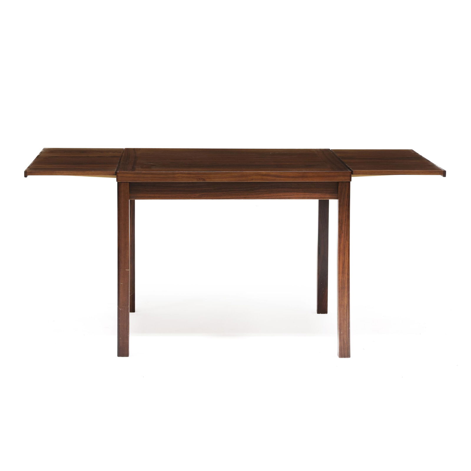 Danish Modern Rosewood Extension Dining Table: Danish Modern Rosewood Extension Dining Table circa 1970, rosewood veneer, square top with banded edge, two draw leaves, rounded straight legs, appears unmarked. 28.5 x 35.5 x 35.5 in., each leaf