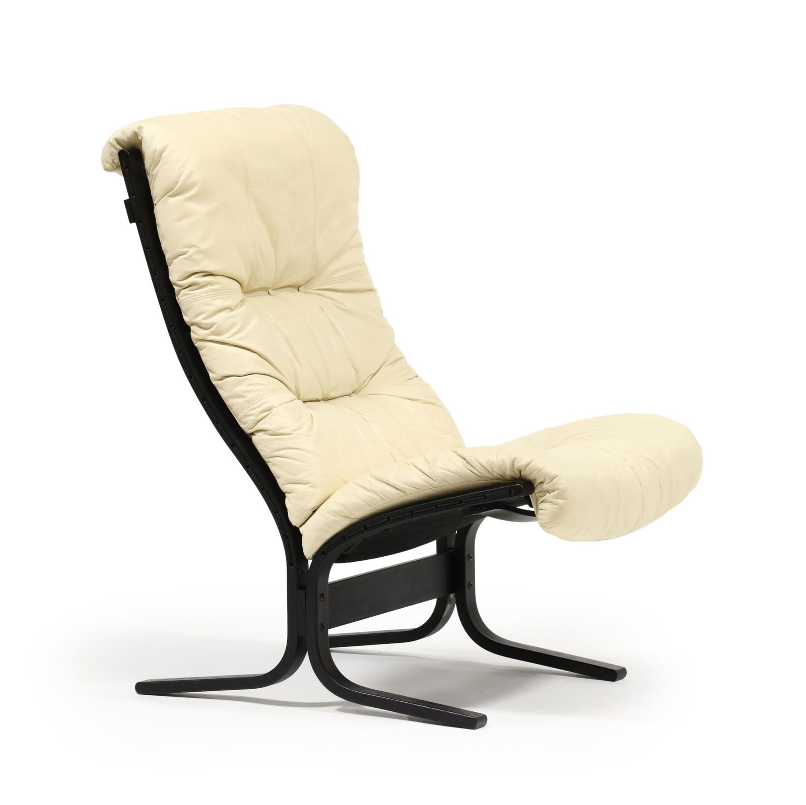 Ingmar Relling (Norway, 1920-2002), Tall Siesta Chair: Ingmar Relling (Norway, 1920-2002), Tall Siesta Chair circa 1980, for Westnofa, ebonized wood frame, colored leather cushion, black canvas sling support, remnant of original label, now missing. 42