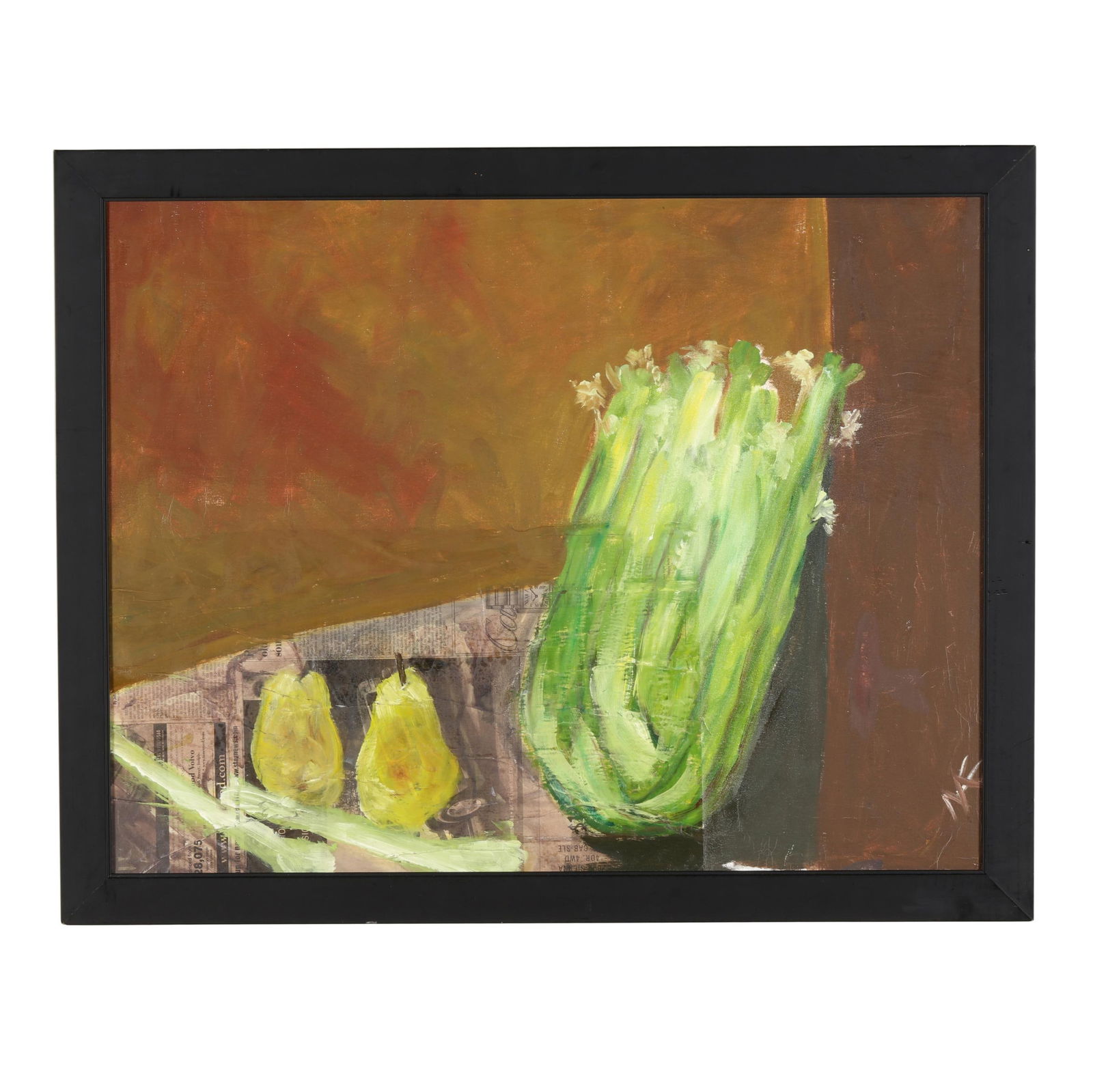 Mae Alice Engron (American, 1933-2007), Still Life with Celery and Pears: Mae Alice Engron (American, 1933-2007), Still Life with Celery and Pears oil and mixed medial collage on canvas, signed at lower right, framed. Stretcher size 24 x 31 in.; Frame dimensions 27 1/2