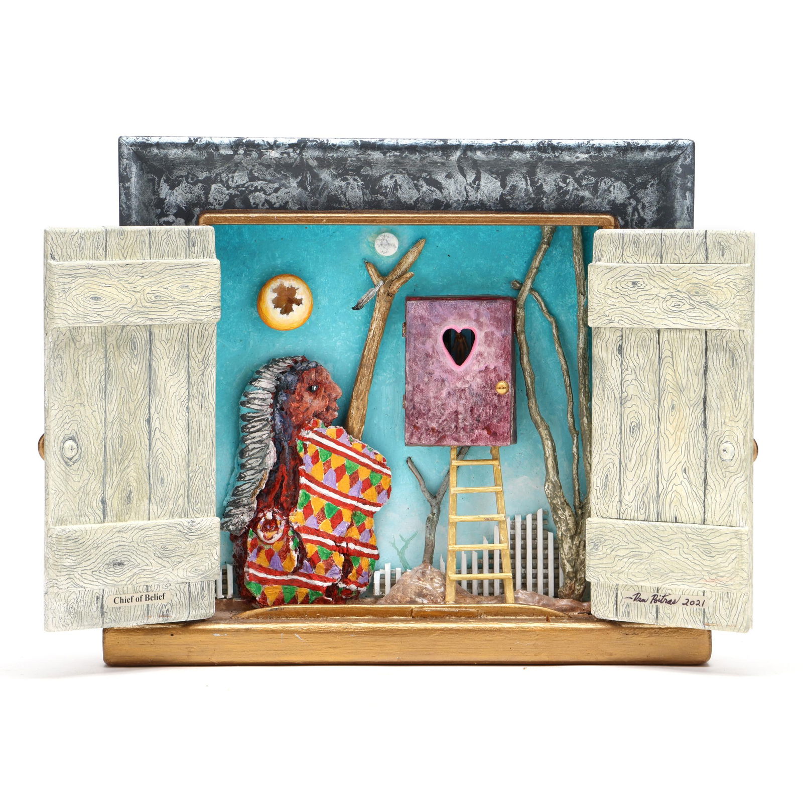 Den Poitras (American), Chief of Belief: Den Poitras (American), Chief of Belief artist built shadowbox frame with assemblage, 2021, signed and dated. 12 x 14 x 3 in. (closed) Den Poitras' work is guided by the theme of unity through