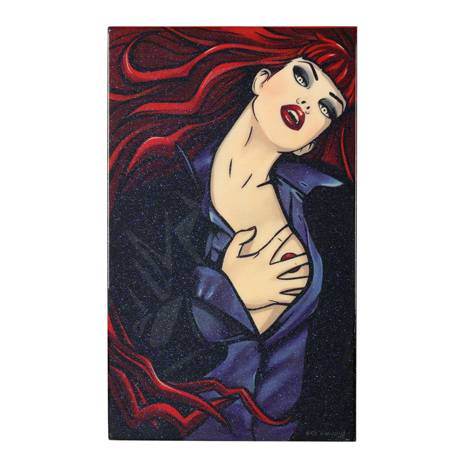 Sas Christian (American, b. 1968), Untitled (Vampiress): Sas Christian (American, b. 1968), Untitled (Vampiress) acrylic with paint and glitter on panel, 1999, signed and dated at lower right. 30 1/2 x 19 in. Sas Christian is a contemporary painter