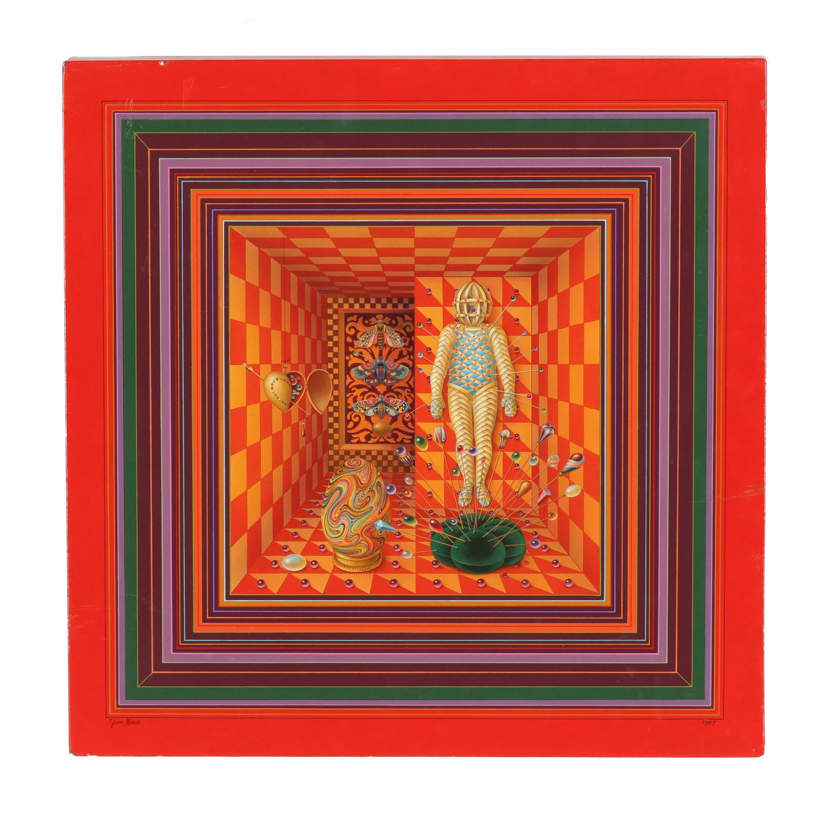 Yan Macs (Latvian, 1933-1993), Transfixed Fetish Mummified in Victoriana: Yan Macs (Latvian, 1933-1993), Transfixed Fetish Mummified in Victoriana oil on panel, 1987, signed at lower left, inscribed en verso, unframed. 16 x 6 in. Yan Macs was a Latvian-born painter