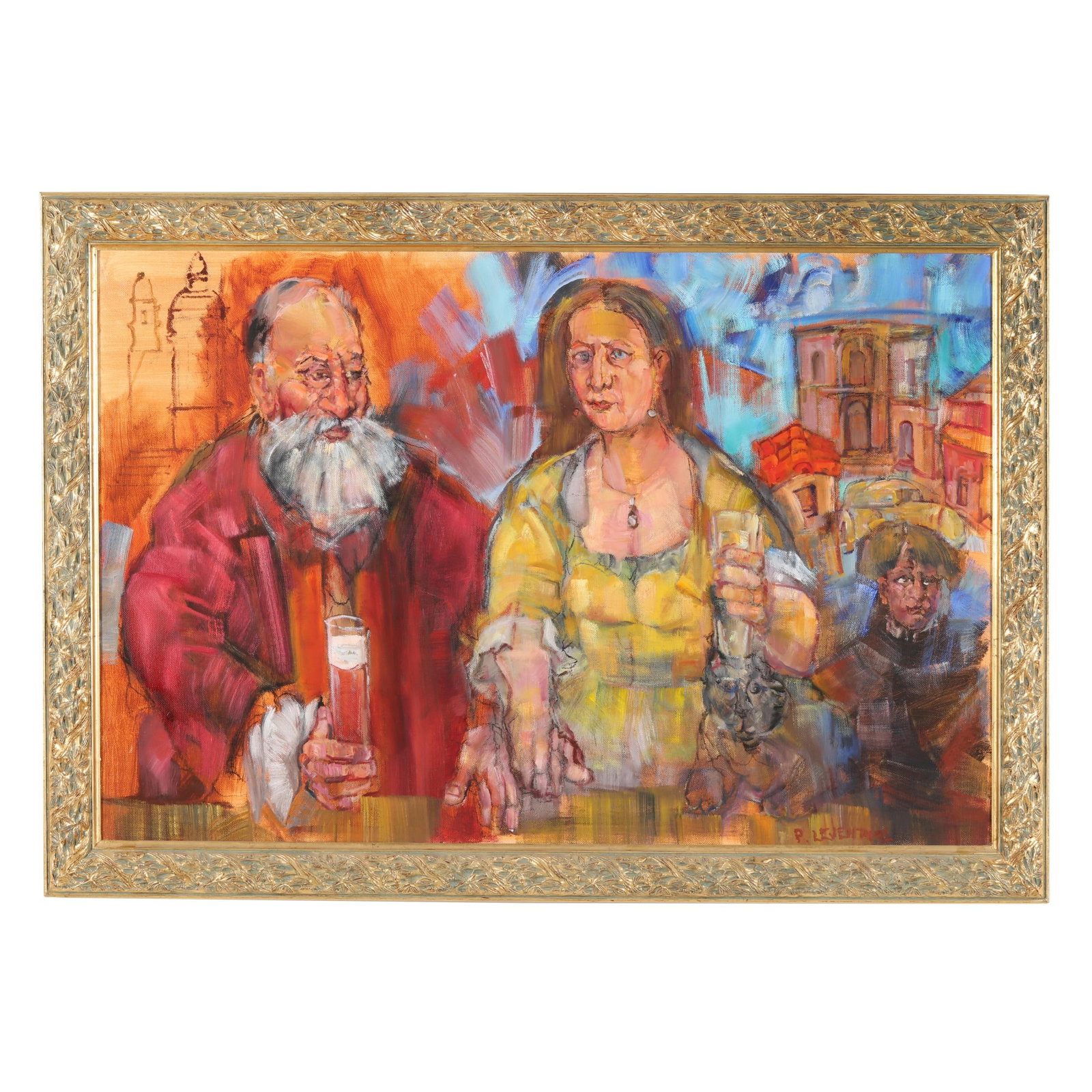 Peter Leventhal (American, 1939-2019), Group Portrait: Peter Leventhal (American, 1939-2019), Group Portrait oil on canvas, signed at lower right, presented in a carved gilt frame. Stretcher size 36 x 54 in.; Frame dimensions 43 x 60 3/4 in. Peter