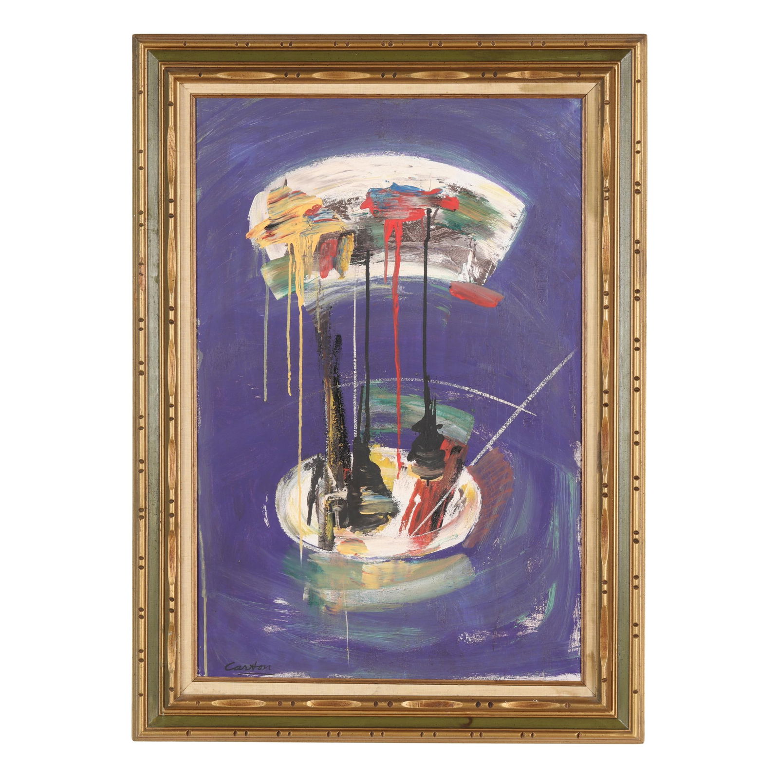 Norman Carton (Ukranian-American, 1908 -1980), Untitled (Drip Abstract on Purple): Norman Carton (Ukranian-American, 1908 -1980), Untitled (Drip Abstract on Purple) oil on canvas, signed at lower left, framed. Stretcher size 36 x 24 in.; Frame dimensions 44 x 31 1/2 in. Norman
