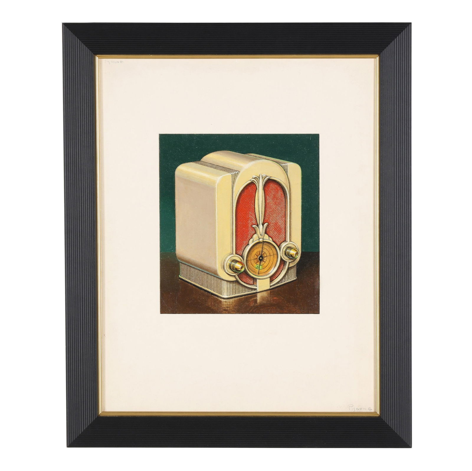 Joseph Pignone (American, 20th Century), Radio: Joseph Pignone (American, 20th Century), Radio oil on canvas, signed at upper left, retaining artist information to verso, framed. Image size 9 x 8 in.; Frame dimensions 21 1/4 x 17 1/4 in. 