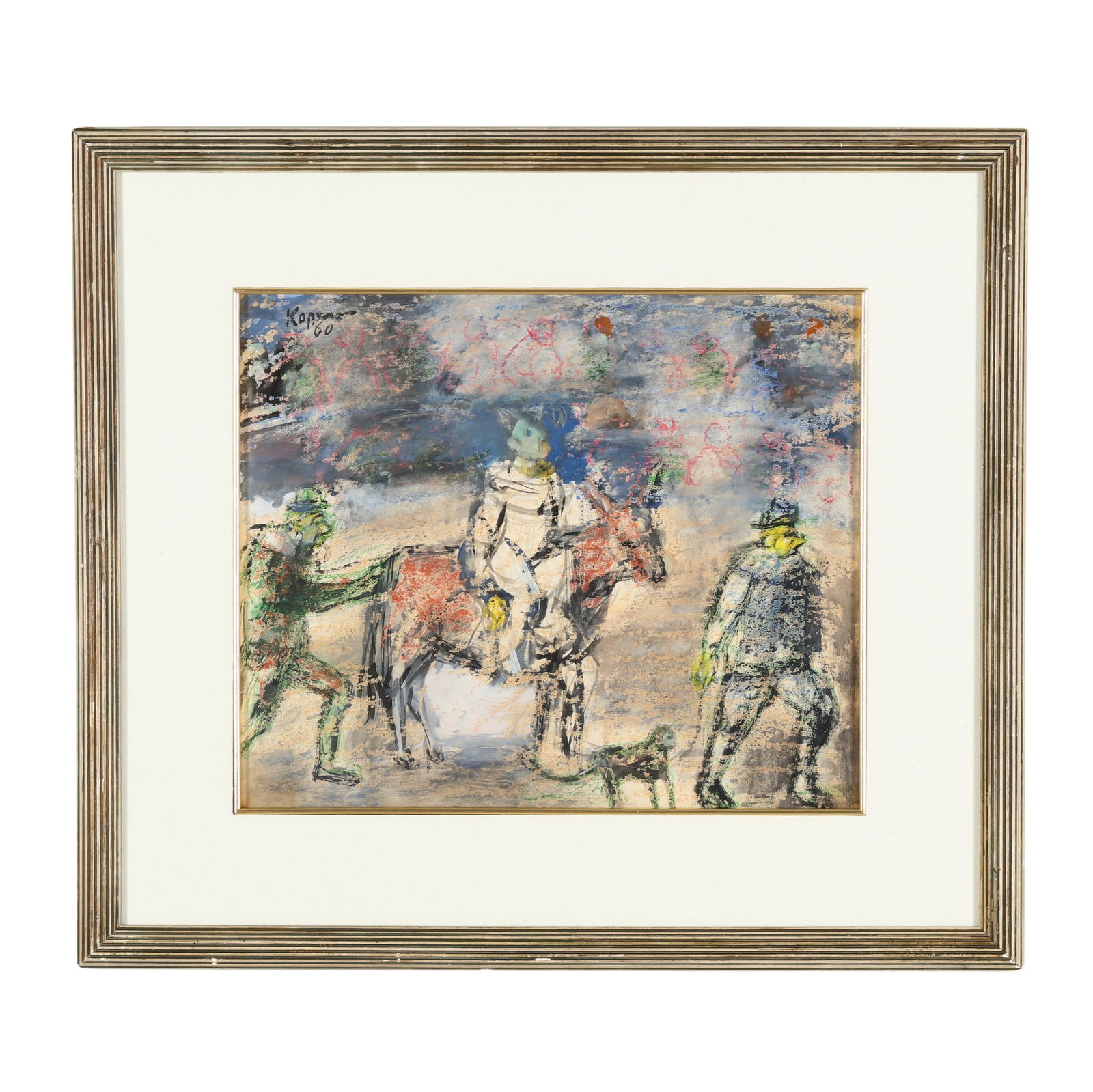 Benjamin D. Kopman (Russian-American, 1887-1965), Rider, Figures, and Dog: Benjamin D. Kopman (Russian-American, 1887-1965), Rider, Figures, and Dog watercolor, gouache, and crayon on paper, 1960, signed and dated at upper left, framed below glass. Sight size 13 x 15 1/4