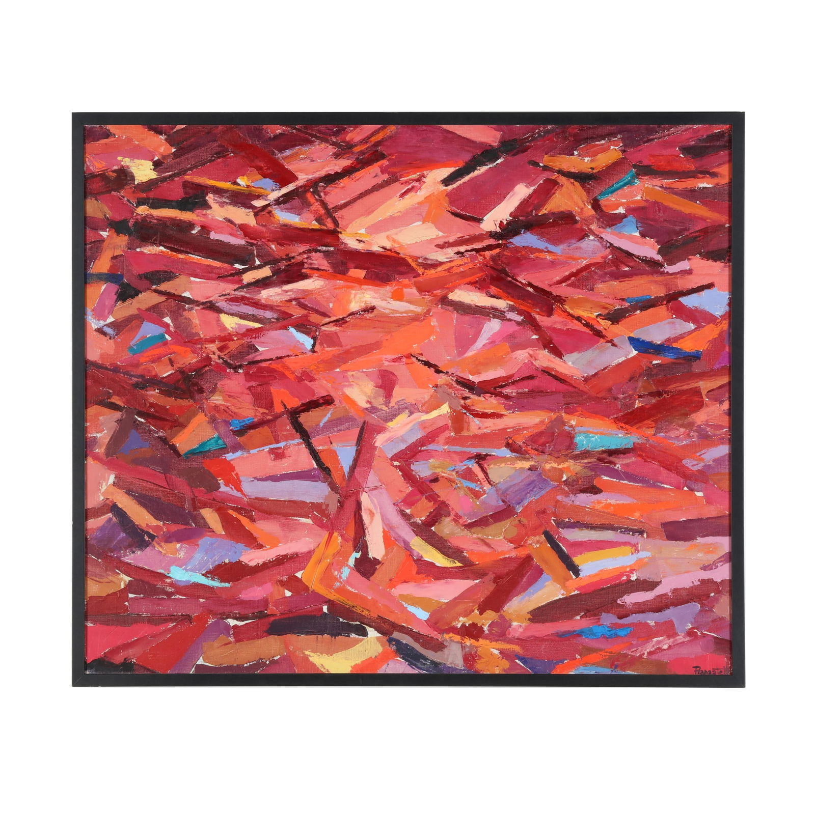 Michael Pranzatelli (American, d. 2018), Untitled (Abstract in Reds): Michael Pranzatelli (American, d. 2018), Untitled (Abstract in Reds) oil on canvas, signed at lower right, inscribed to the verso, framed. Frame dimensions 35 1/4 x 41 1/4 in. From the Collection