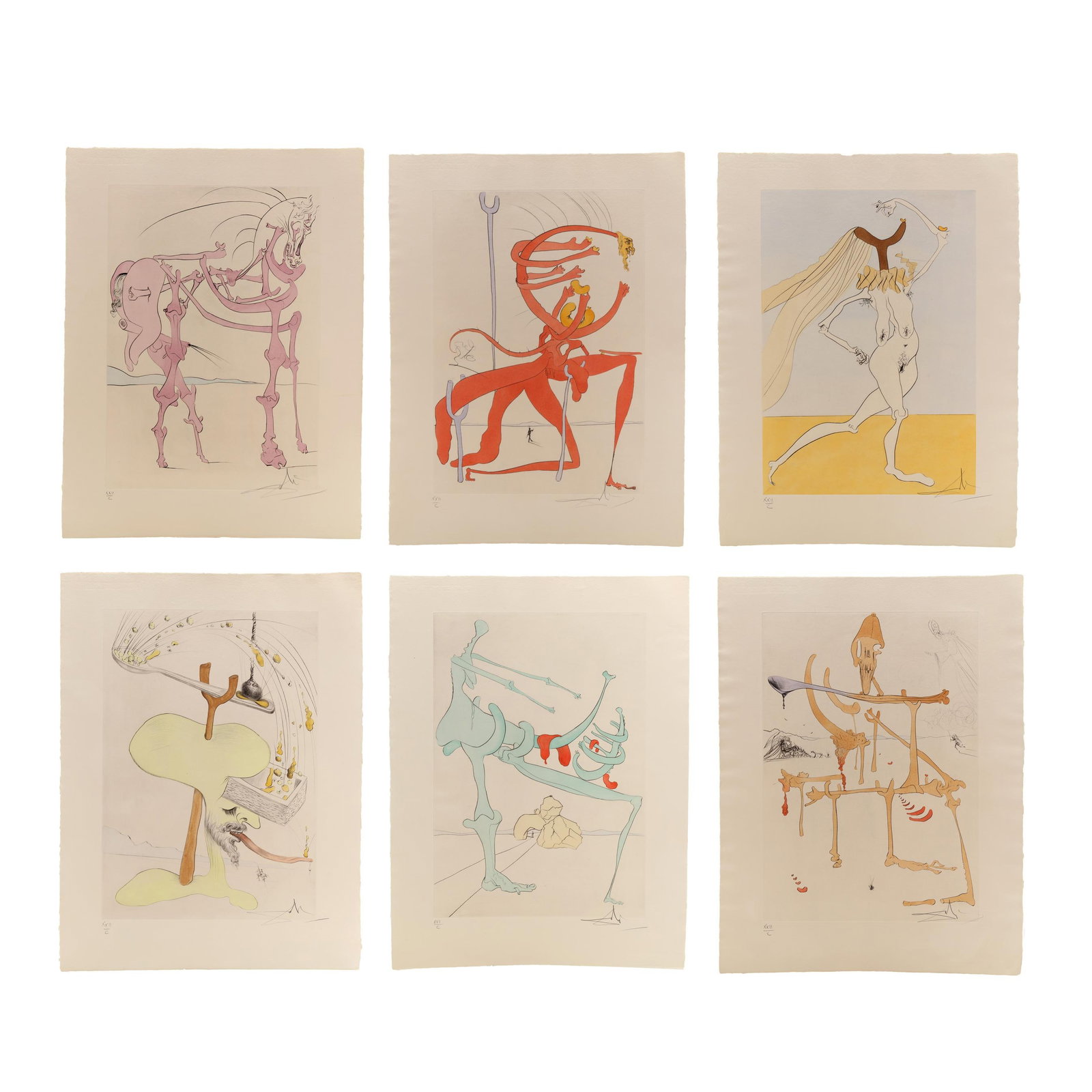 Salvador Dalí (Spanish, 1904-1989), Quevedos Visioner (Complete Suite of Six Works): Salvador Dalí (Spanish, 1904-1989), Quevedos Visioner (Complete Suite of Six Works)hand-colored drypoint on Richard de Bas paper (with their watermarks), 1975, each pencil signed and numbered XXII/C,