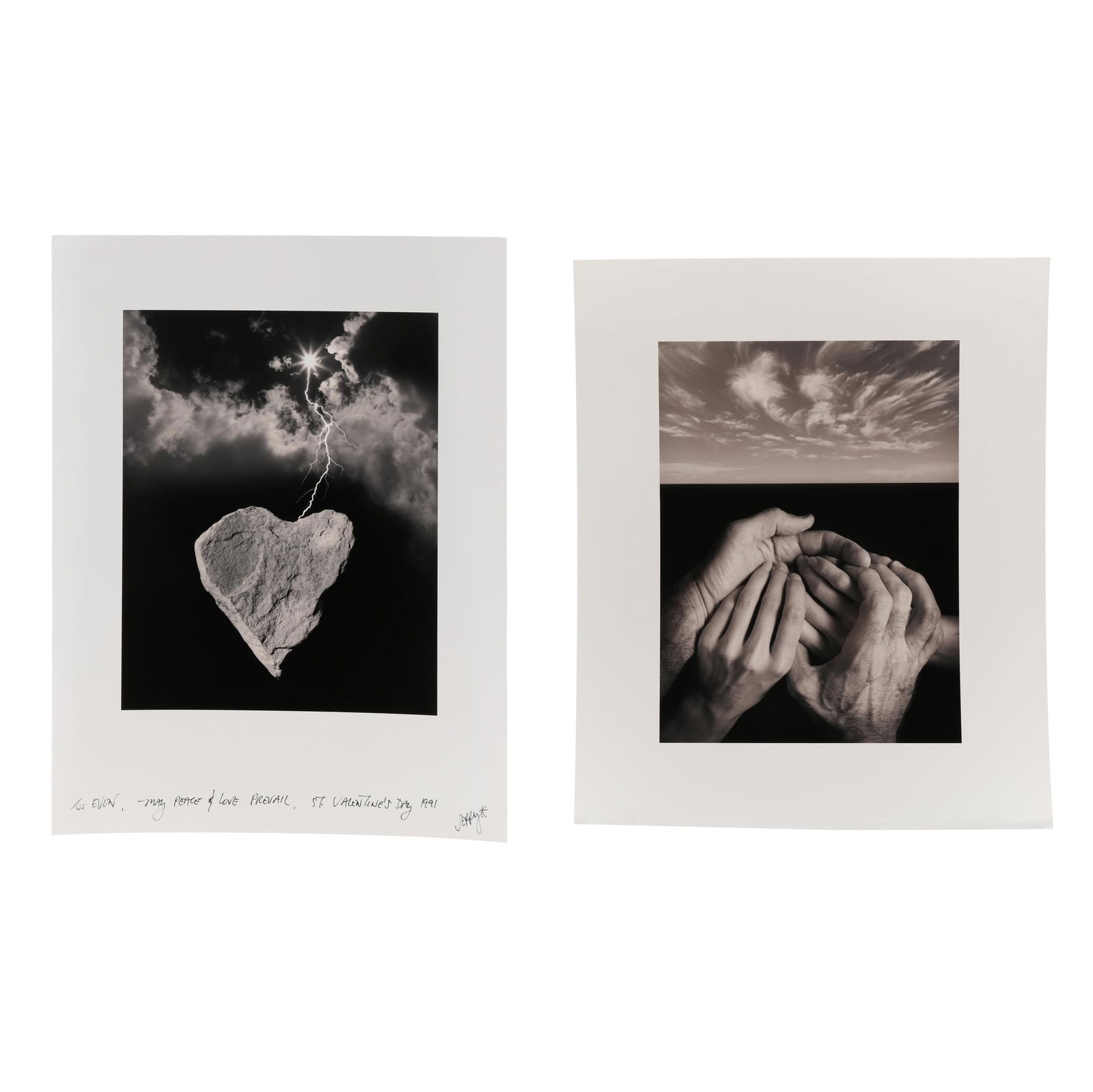 Jerry Uelsmann (American, 1934-2022), Two Valentine Photographs: Jerry Uelsmann (American, 1934-2022), Two Valentine Photographseach a gelatin silver print, the first: a Valentine picturing clasped hands against a sky, 1988, signed, dated, and dedicated "To: Evon"