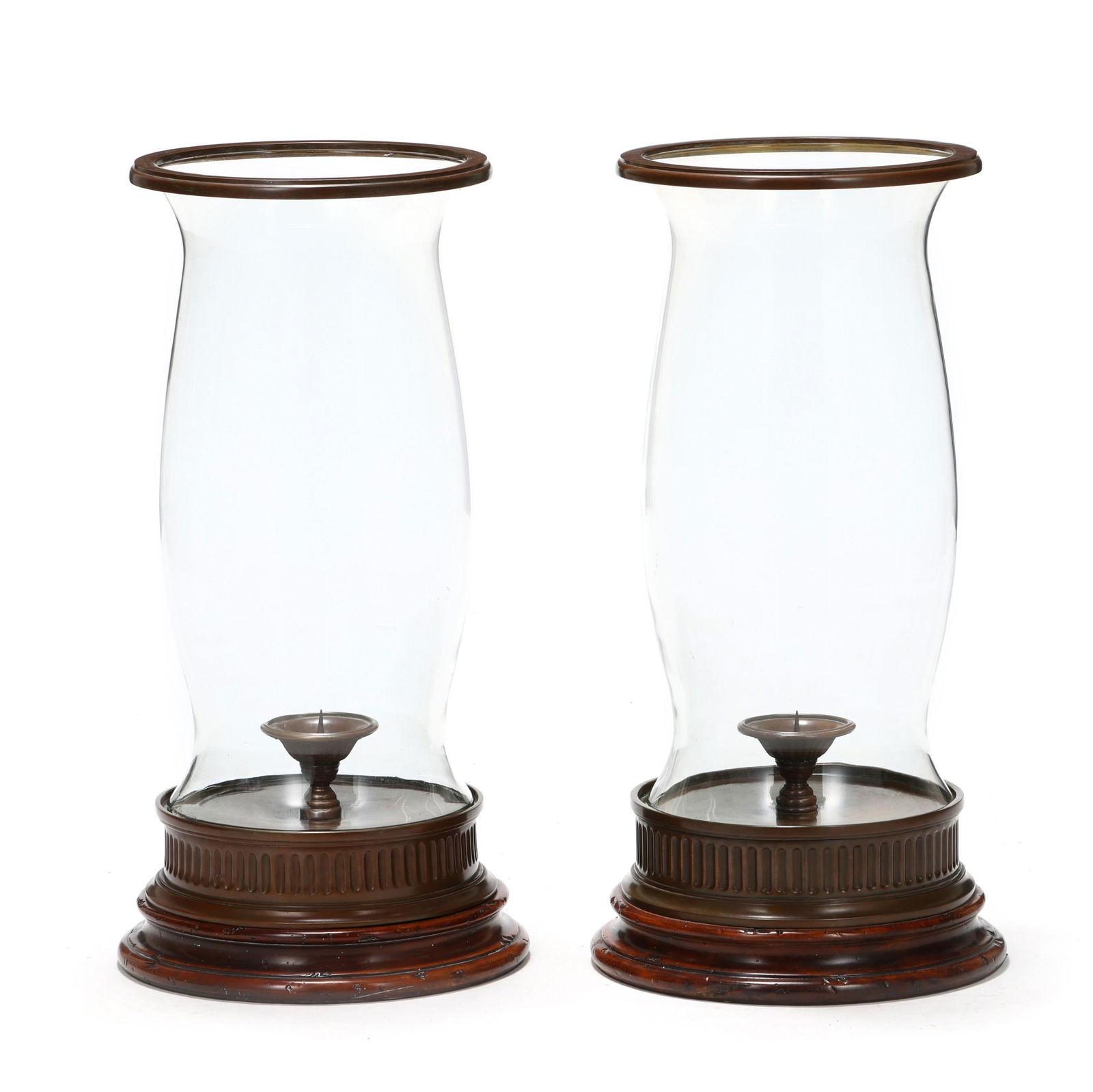 Attributed Theodore Alexander, Pair of Bronze and Wood Candle Stands with Glass Hurricane Shades (1 of 5)