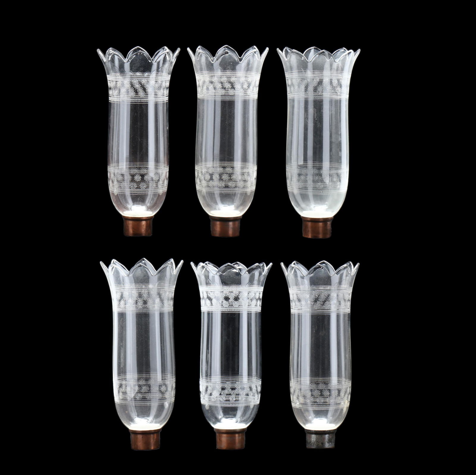 Six Antique Etched Glass Hurricane Shades (1 of 6)