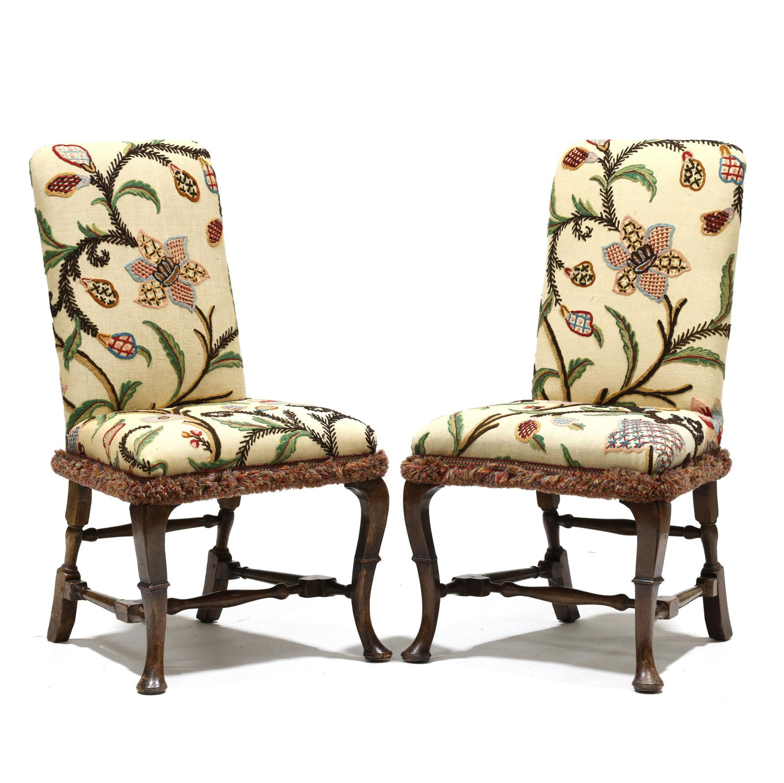 Pair of Queen Anne Style Crewel Upholstered Side Chairs (1 of 8)