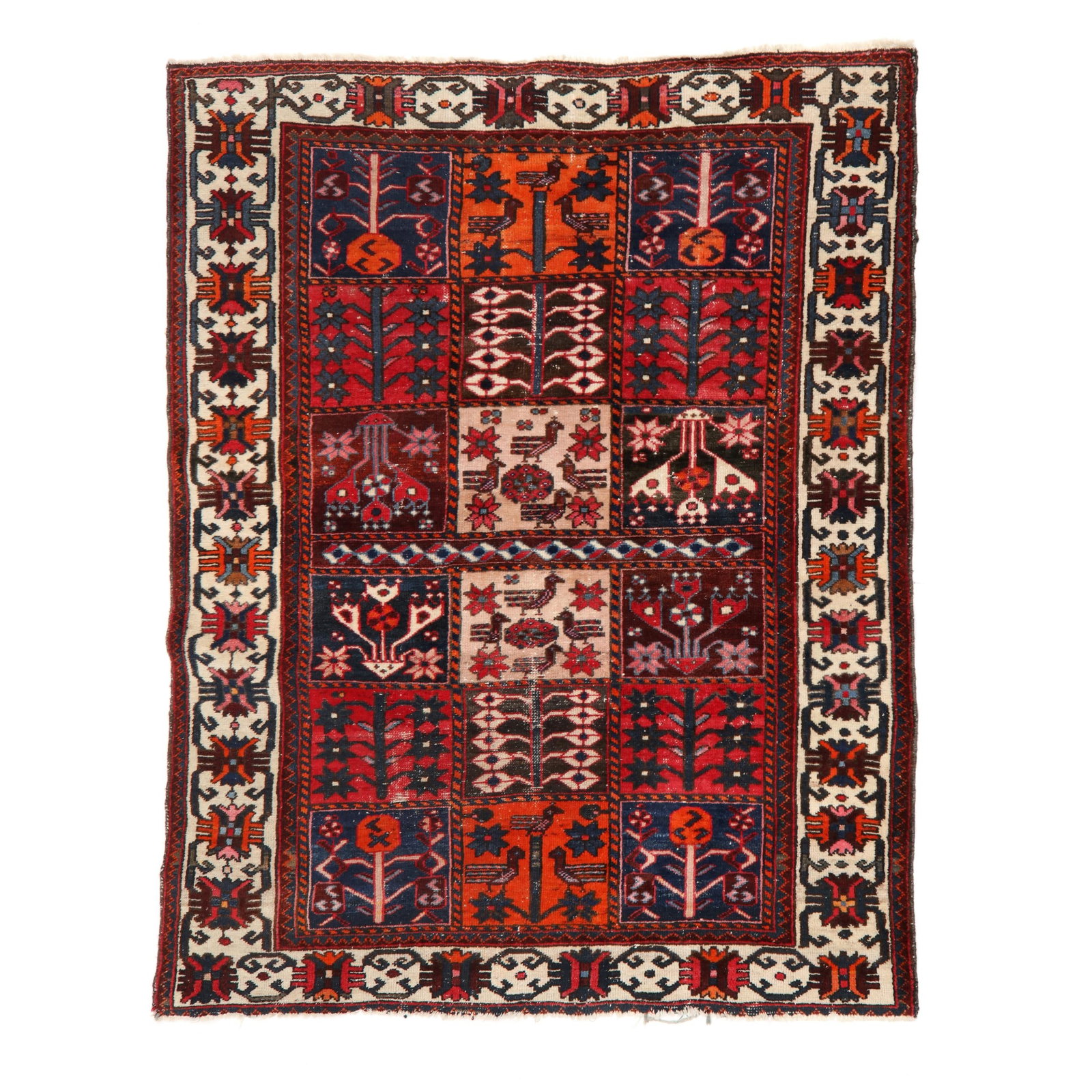 Bakhtiari Area Rug: Bakhtiari Area Rug wool on cotton foundation, the central field with floral and avian motifs in the Khesti pattern of compartments, the main cream border with repeating stylized floral motifs. 6