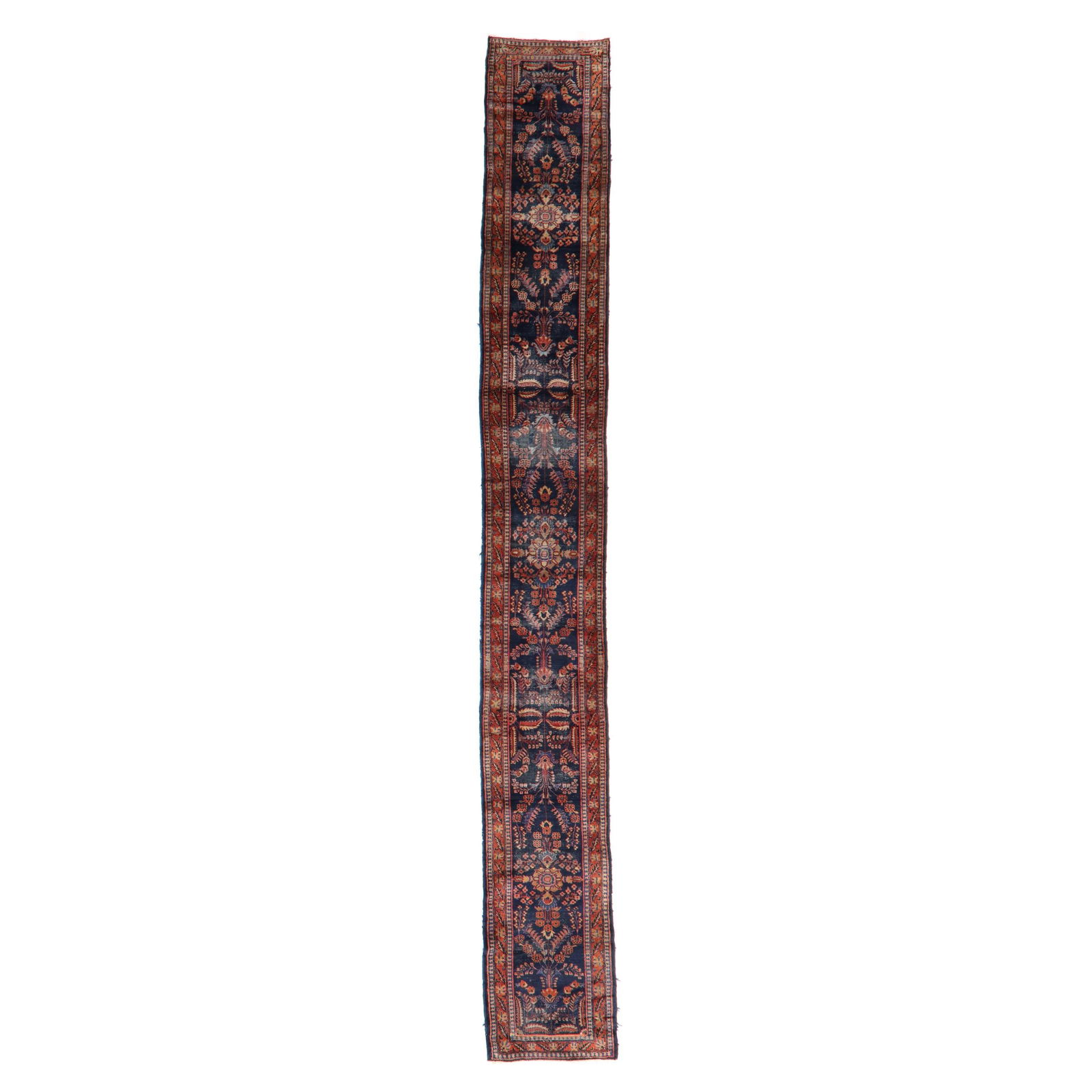 Sarouk Runner: Sarouk Runnerwool on cotton foundation, the navy field with repeating floral sprays emanating from central floral medallion, the red border with repeating floral and foliate motifs, within minor recip