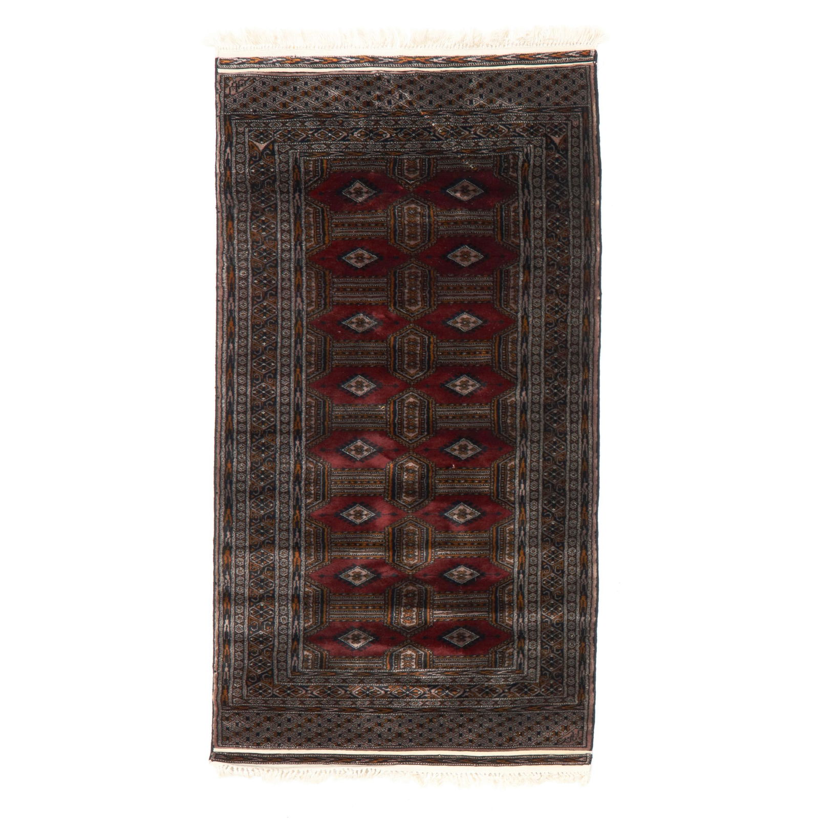 Silk Bokhara Area Rug: Silk Bokhara Area Rug wool and silk on cotton foundation, the dark red field with repeating diamond guls between bands of orange and black bars and hexagonal motifs, within multiple black and gray