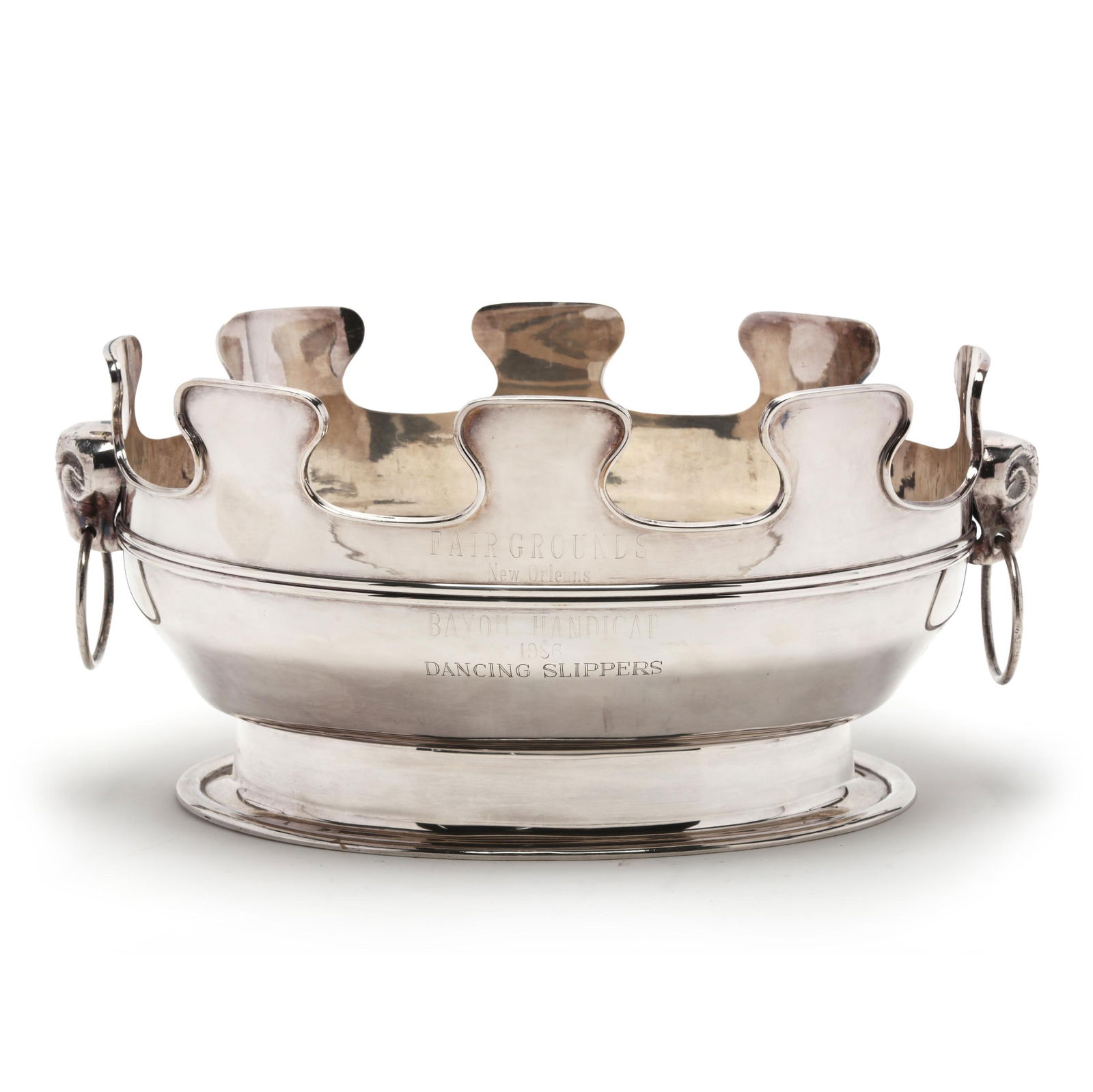 An Italian Silver-Plated Trophy Monteith or Verrière: An Italian Silver-Plated Trophy Monteith or Verrière of oval form with shaped rim and ram's head ring handles, stamped to the underside, engraved dedication to the obverse reading "FAIR GROUNDS /