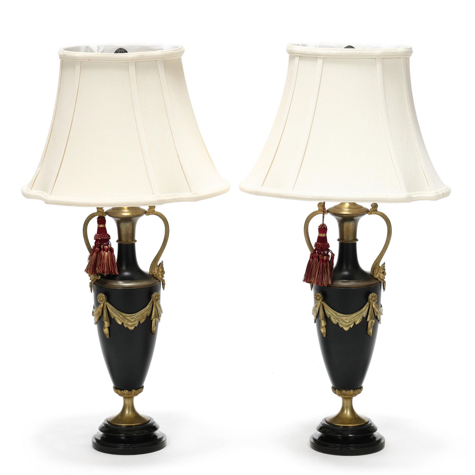 Pair of Gilt and Black Metal Neoclassical Style Table Lamps with Shades (1 of 8)