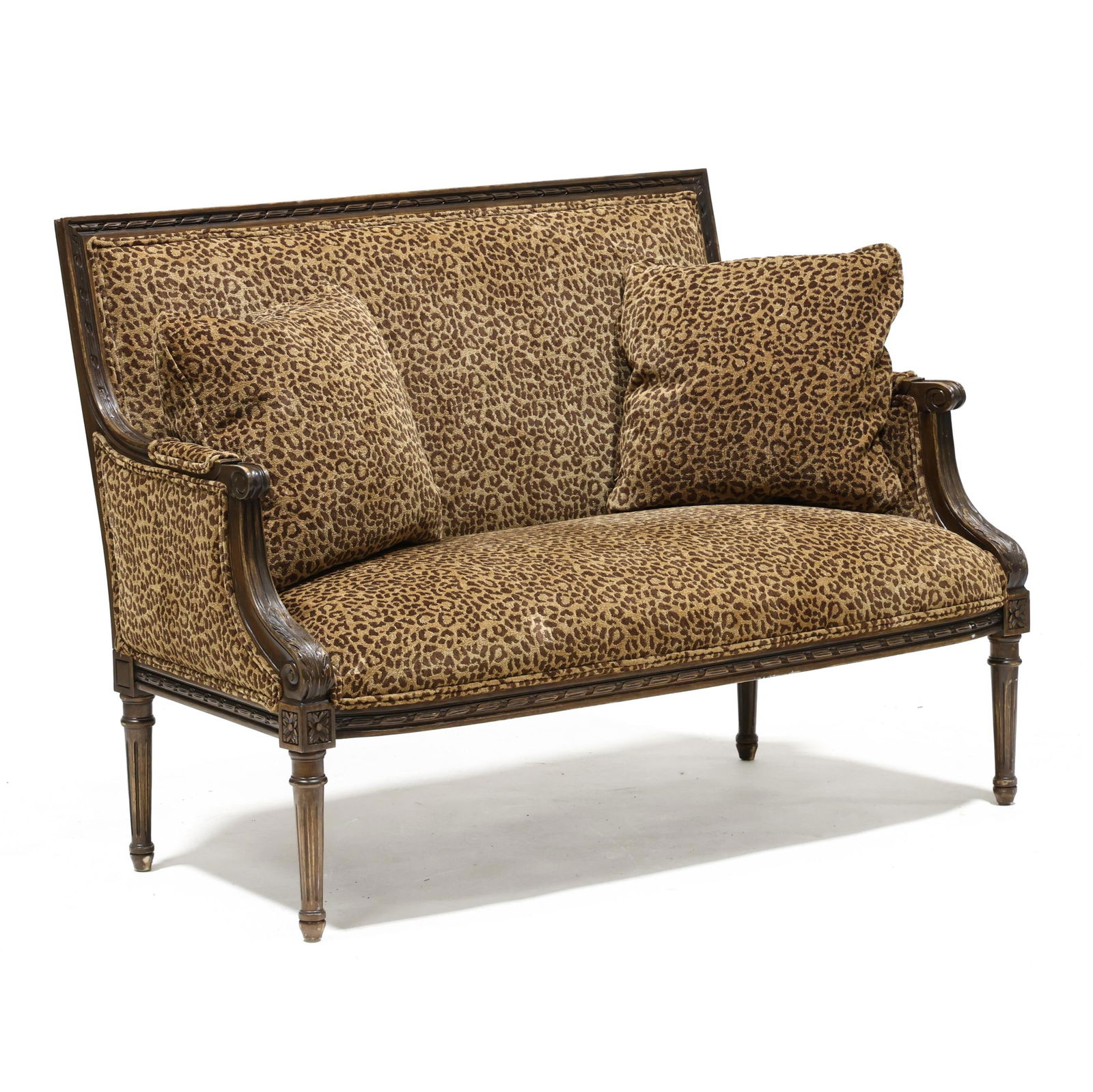 Parker Southern, Louis XVI Style Carved and Upholstered Settee: Parker Southern, Louis XVI Style Carved and Upholstered Setteelate 20th century, carved walnut frame, plush leopard print upholstery with two down-filled throw pillows, stop fluted tapered legs, label