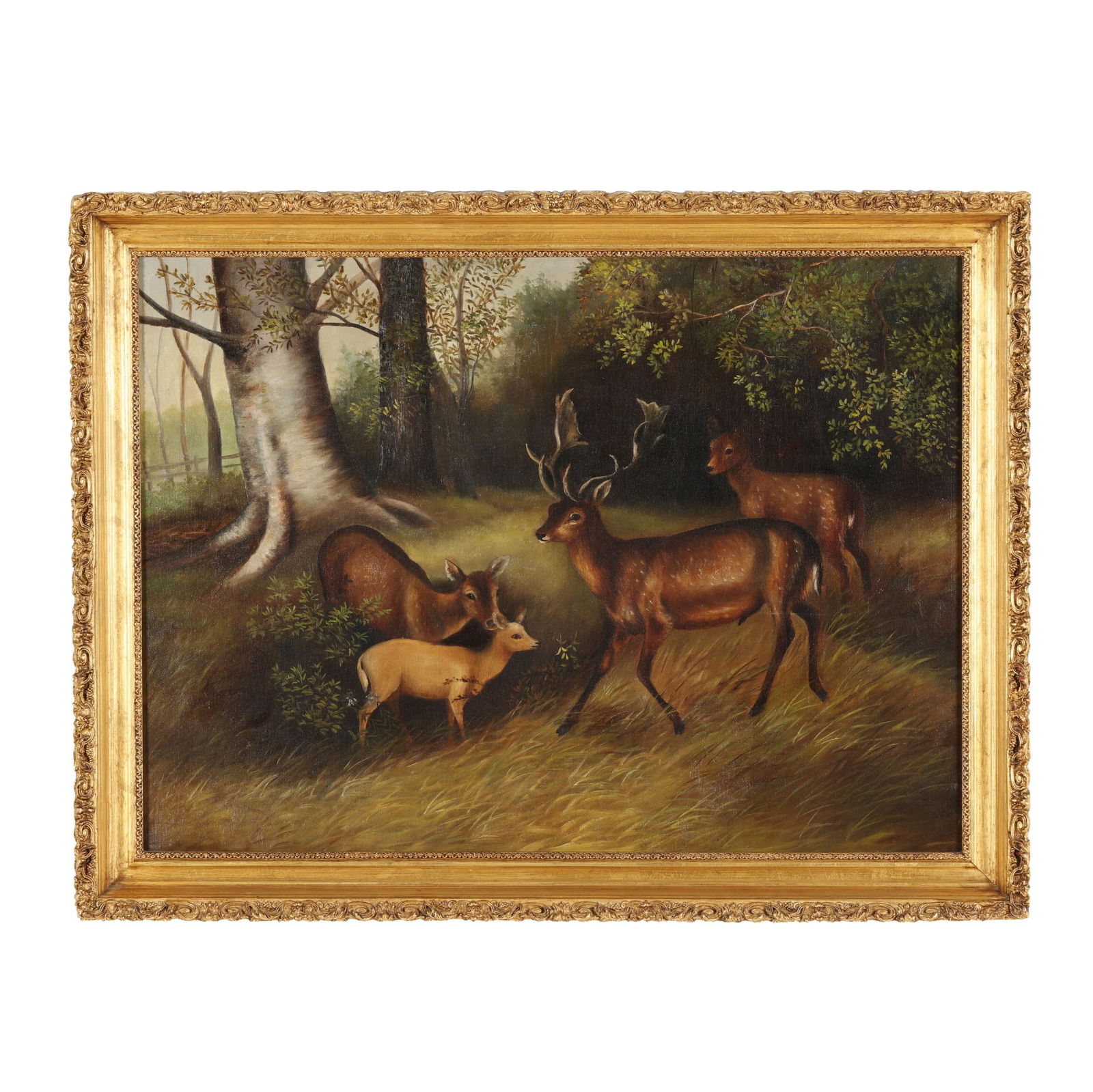 German School (Late 19th Century), Deer in a Landscape: German School (Late 19th Century), Deer in a Landscapeoil on canvas, not signed, presented in a gilt frame. Stretcher size 22 1/4 x 31 1/2 in.; Frame dimensions 26 x 34 in. Additional high-resolution