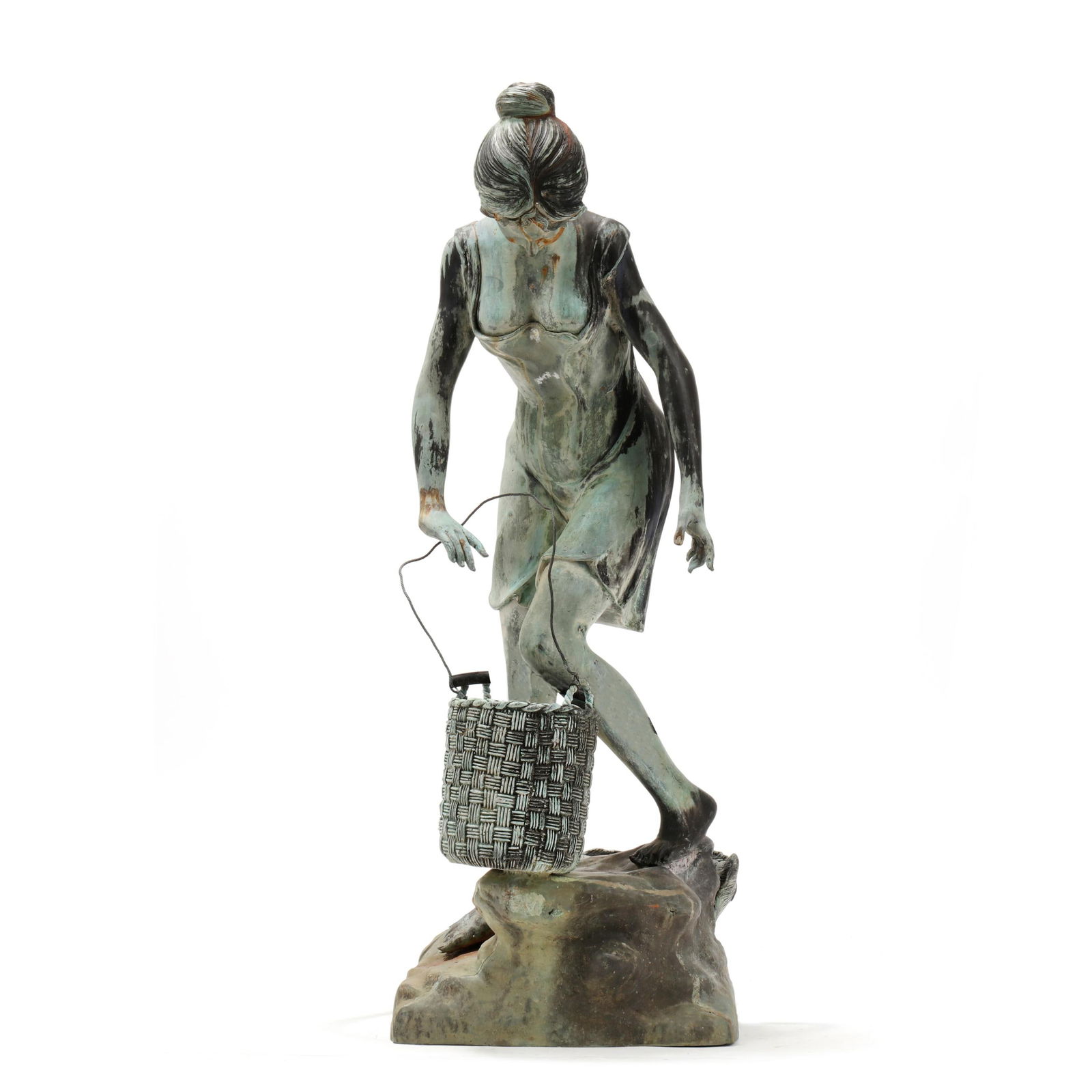 Four-Foot Bronze Fountain Statue of Lady with Pail: Four-Foot Bronze Fountain Statue of Lady with Paillate 20th century, patinated cast bronze, featuring a standing female figure holding a woven form pail, with dolphin beneath, unmarked. Approximately