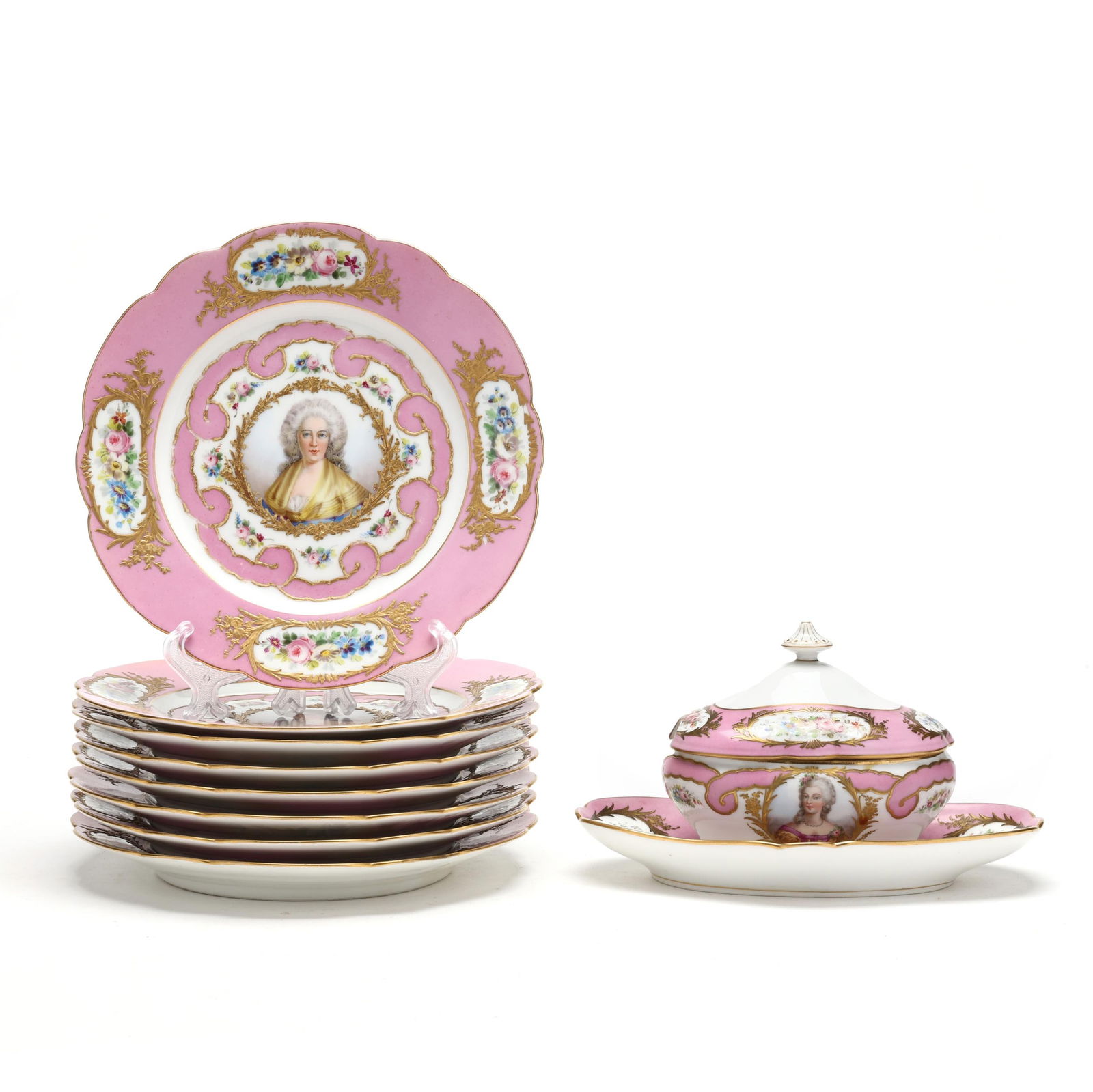Eight Pink Sevres Type Porcelain Royal Portrait Plates and Gravy Boat (1 of 20)