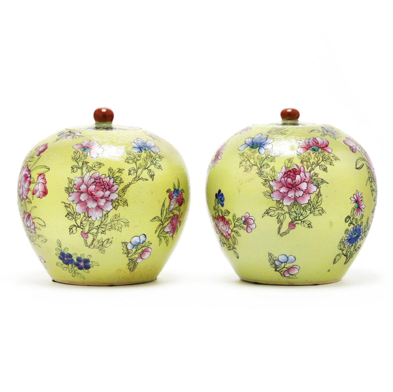A Pair of Chinese Yellow Ground Ginger Jars with Flowers (1 of 8)