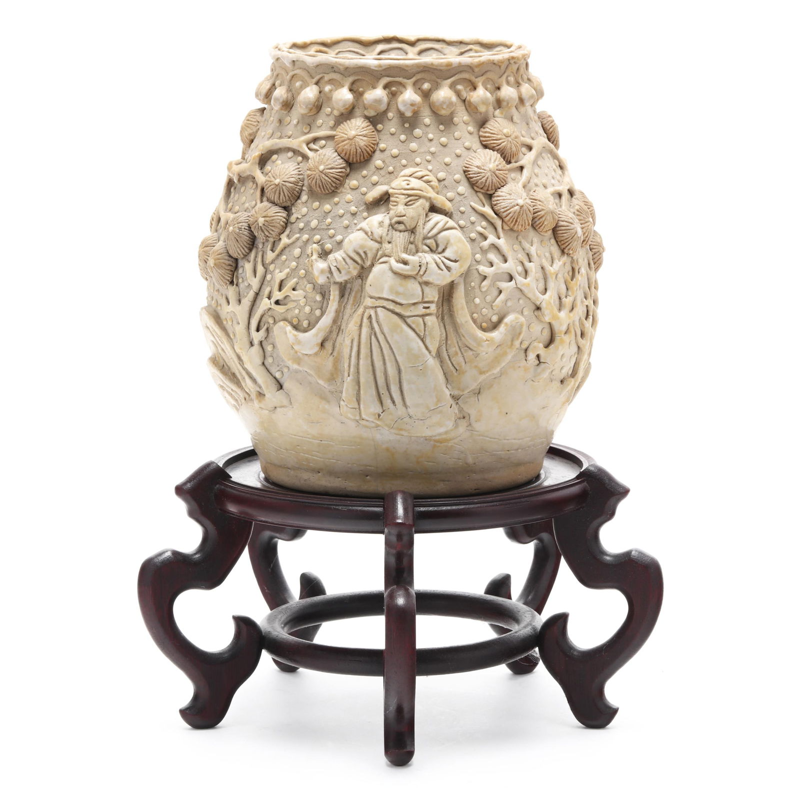 A Chinese Relief Molded Pottery Vase with Stand (1 of 8)