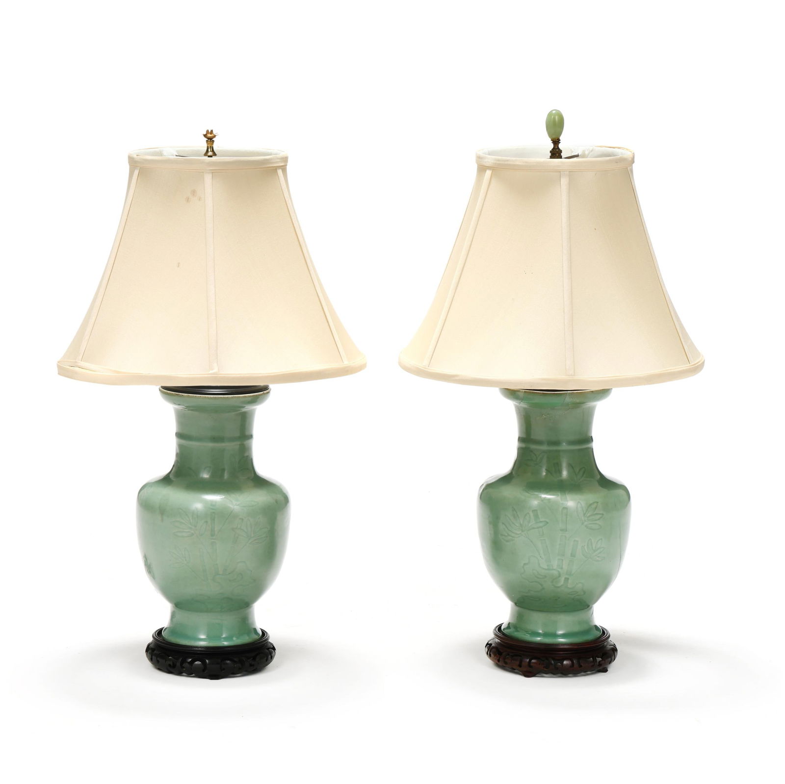 Two Chinese Porcelain Celadon Green Table Lamps with Shades (1 of 8)