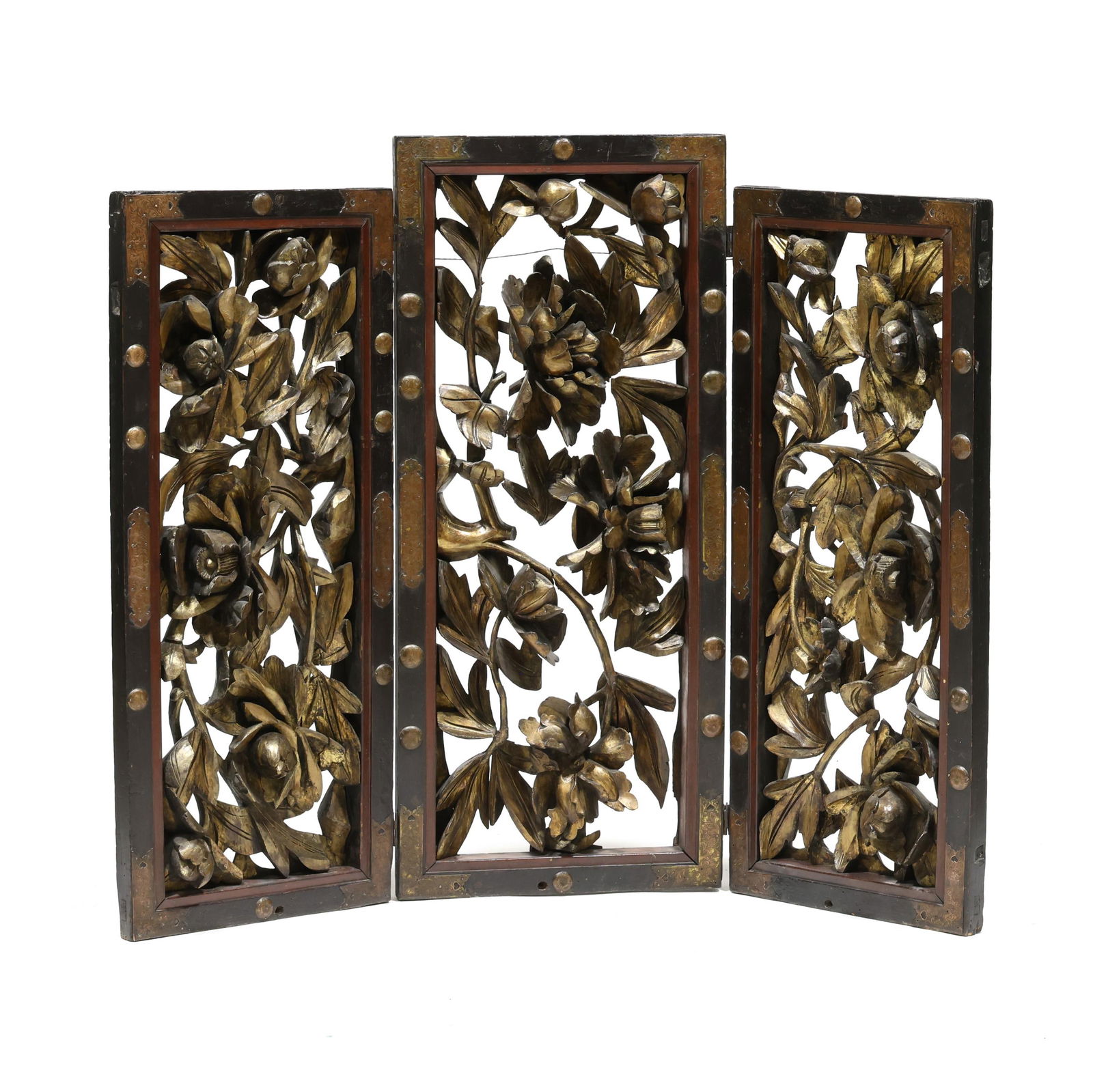 A Chinese Carved Black Lacquer and Gilt Screen (1 of 3)
