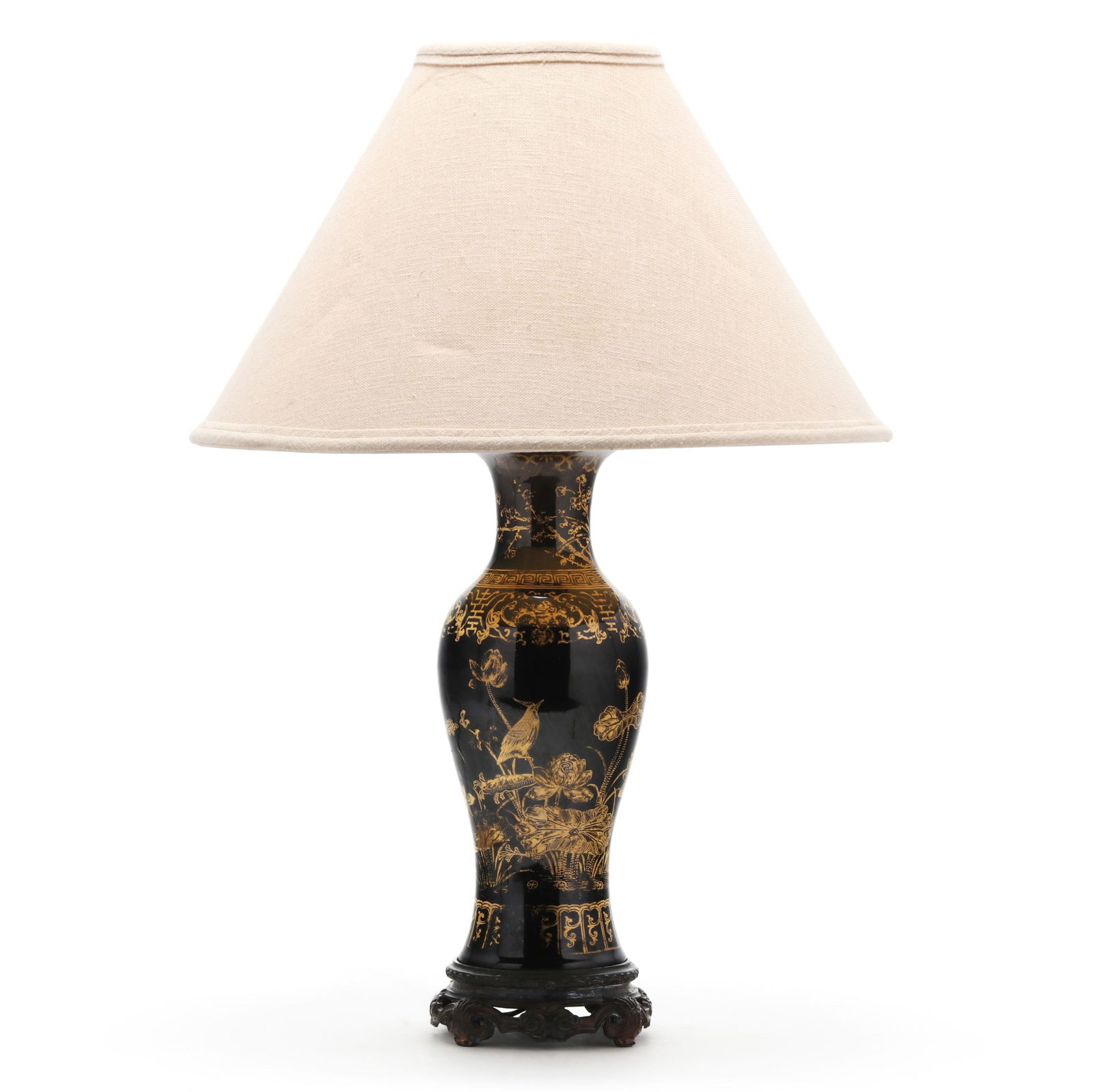 A Chinese Mirror Black and Gilt Porcelain Vase Lamp (1 of 8)