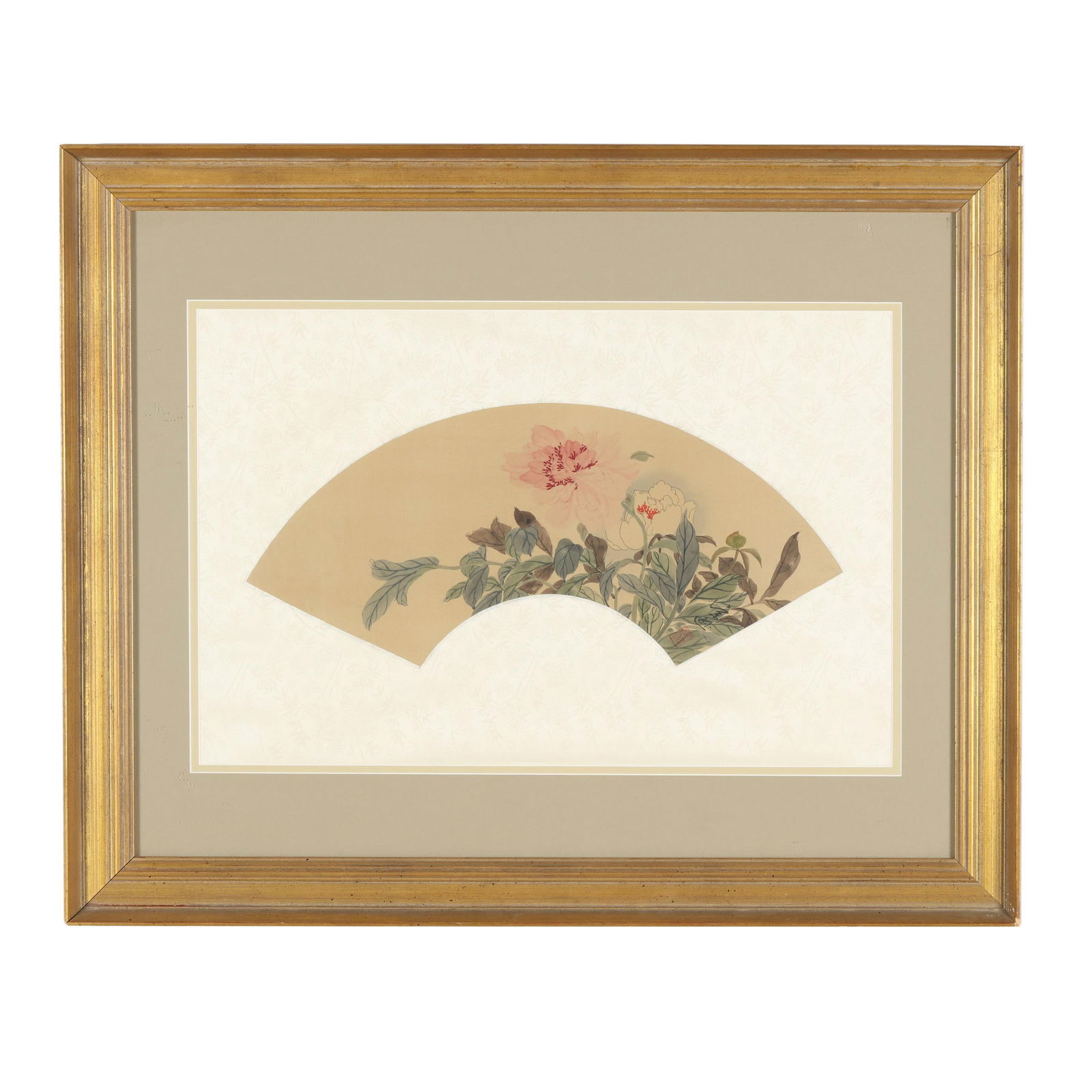 A Chinese Framed Fan Painting with Peonies (1 of 6)