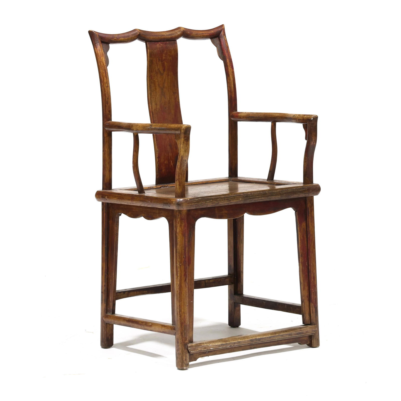 Chinese Elm Armchair: Chinese Elm Armchairearly 20th century, scalloped crest rail, curved plain back splat, paneled seat, shaped rounded arms and conforming support spindles, straight rounded legs with paneled returns, st