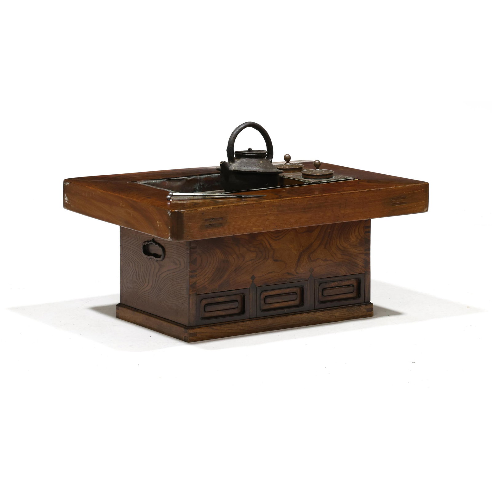 Antique Japanese Elm Hibachi: Antique Japanese Elm Hibachi late 19th century, two part form, solid rectangular top set on a copper lined stand with three lower drawers, together with copper and iron accoutrements. 15.5 x 24.5 x 34