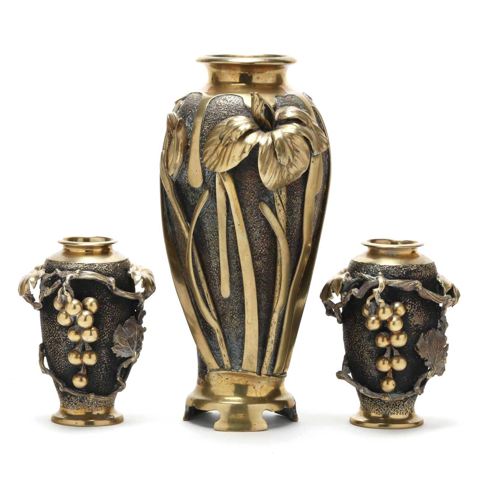 Akahori Shinpei (Japanese, 1899-1992), Three Japanese Bronze and Gilt Vases with Iris and Grapes (1 of 11)