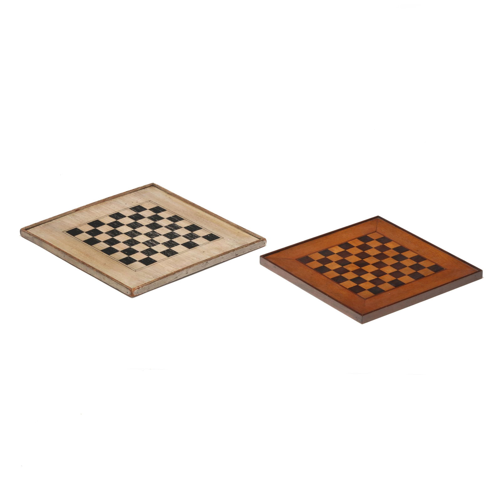 Two Vintage Wooden Game Boards: Two Vintage Wooden Game Boardsmid-20th century, painted wood checker or chess boards, unmarked. Larger 21 x 20 1/2 x 1 in.; smaller 18 1/4 x 18 x 1 1/4 in. From the Collection of a Lady, Williamsburg,