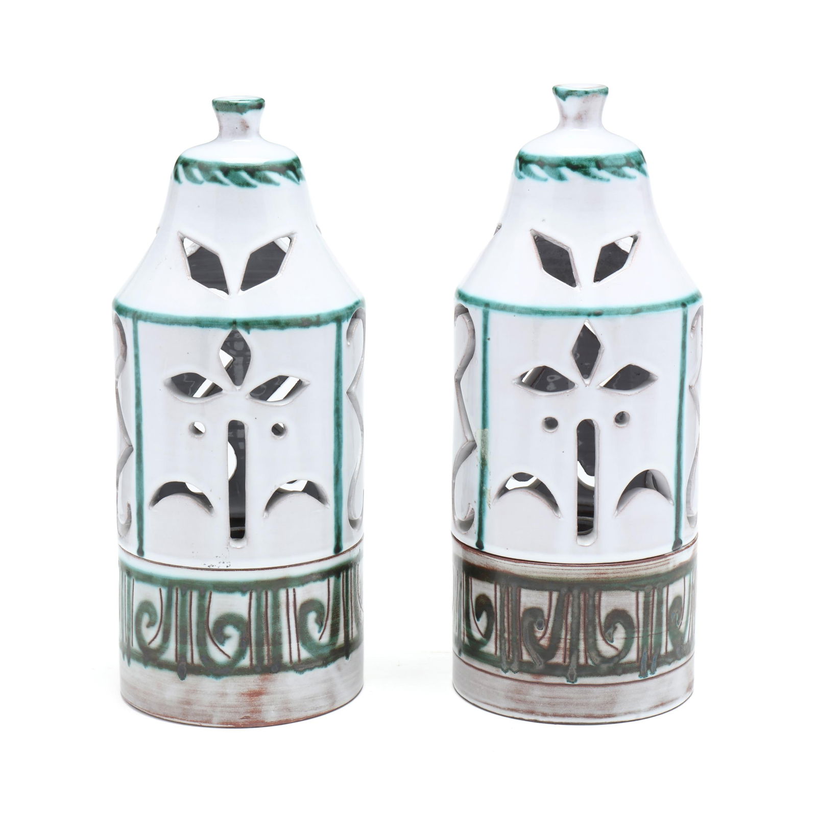 Pair of French Mid-Century Candlesticks with Covers: Pair of French Mid-Century Candlesticks with Coverscirca 1960, Michel Barbier for Gustave Reynaud's Le Murier in Vallauris, (4) stoneware pieces with white ground and teal geometric decoration includi