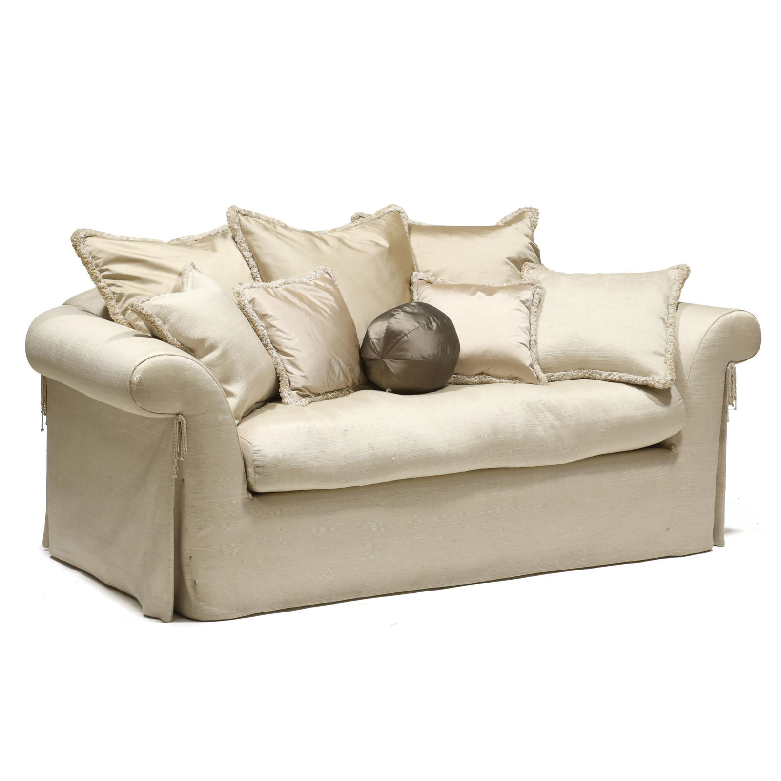 Jay Robert Scott, Silk Upholstered Sofa: Jay Robert Scott, Silk Upholstered Sofalate 20th century, over upholstered frame with rolled arms, single down mix cushion with eight coordinating throw pillows, labeled. 34 x 74 x 42 in. From an Impo