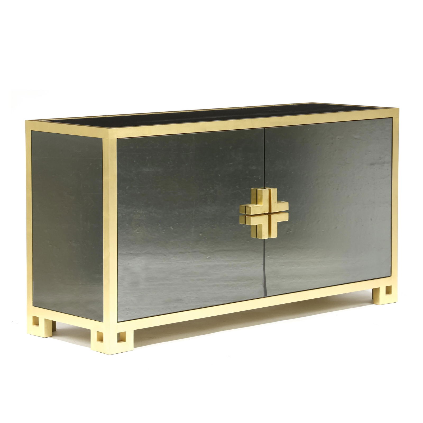 Modern History, Contemporary Mirrored and Gilt Credenza: Modern History, Contemporary Mirrored and Gilt Credenzacontemporary, gunmetal mirrored glass panel cabinet with gilt wood surround, two hinged doors with divided and shelved interior in oak, pierced b