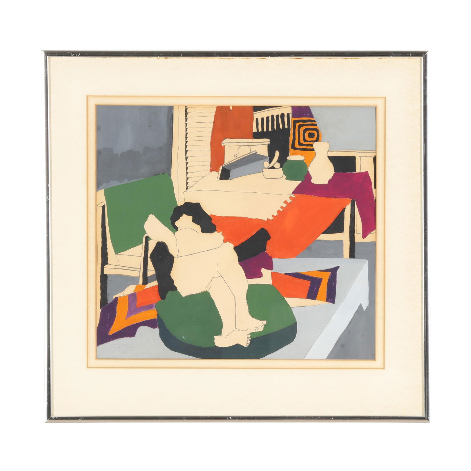 H. Del Moral (American, 20th Century), Interior Scene with Reclined Nude: H. Del Moral (American, 20th Century), Interior Scene with Reclined Nudegraphite and gouache on paper, 1968, signed and dated to the lower left, matted and framed below glass. Sight size 11 x 11 3/4 i