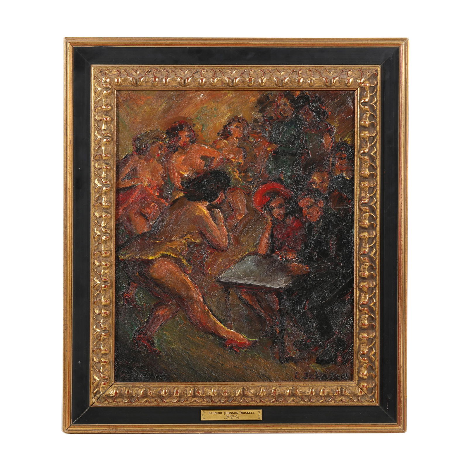 Eleanore Johnson Driskell (American, 20th Century), Nude Review: Eleanore Johnson Driskell (American, 20th Century), Nude Reviewoil on canvas, signed at lower right, retaining gallery label to verso, presented in an ebonized frame with nameplate affixed at lower ce