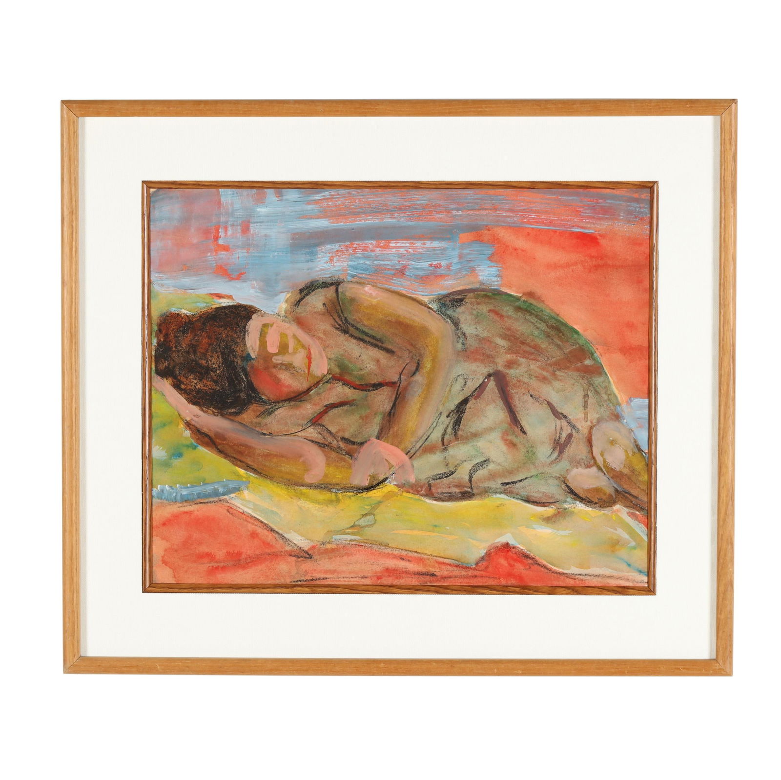 American School (20th Century), Study of a Female Nude Reclining: American School (20th Century), Study of a Female Nude Recliningmixed media on paper, unsigned, mid-20th century, matted and framed under glass. Sight size 17 1/4 x 21 1/2 in.; Frame dimension 25 x 29