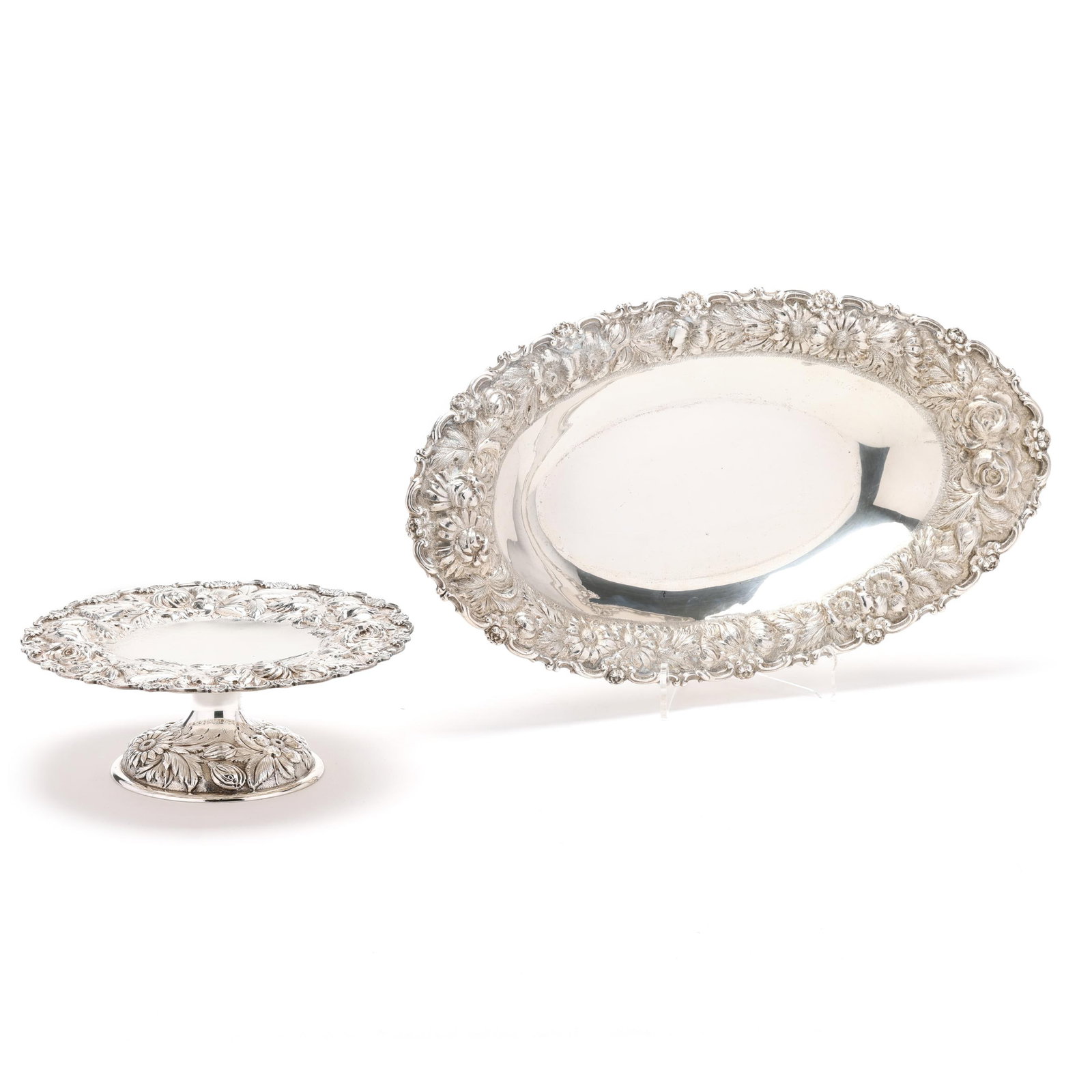 Stieff Rose Sterling Silver Bread Dish and Tazza: Stieff Rose Sterling Silver Bread Dish and Tazza the first a tazza with 1928 date symbol, marked "Stieff / Sterling / 122" (2 3/4 x 7 in. diameter); the second a bread dish with 1951 date letter,