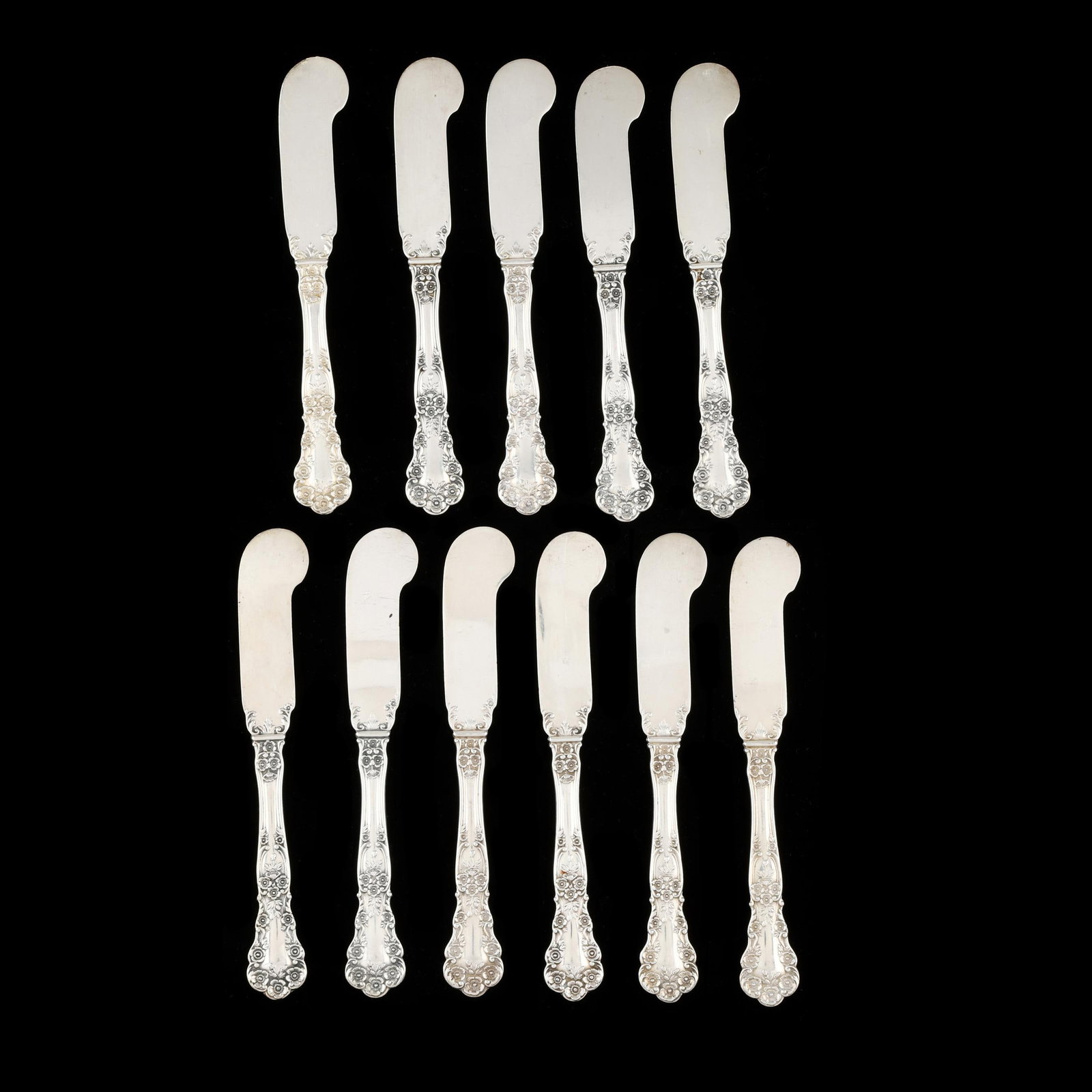 Set of Eleven Gorham Buttercup Sterling Silver Butter Spreaders: Set of Eleven Gorham Buttercup Sterling Silver Butter Spreaderspatented 1900, flat handled, not monogrammed. 6 in. 8.65 total troy oz. Additional high-resolution photos are available at www.lelandlit