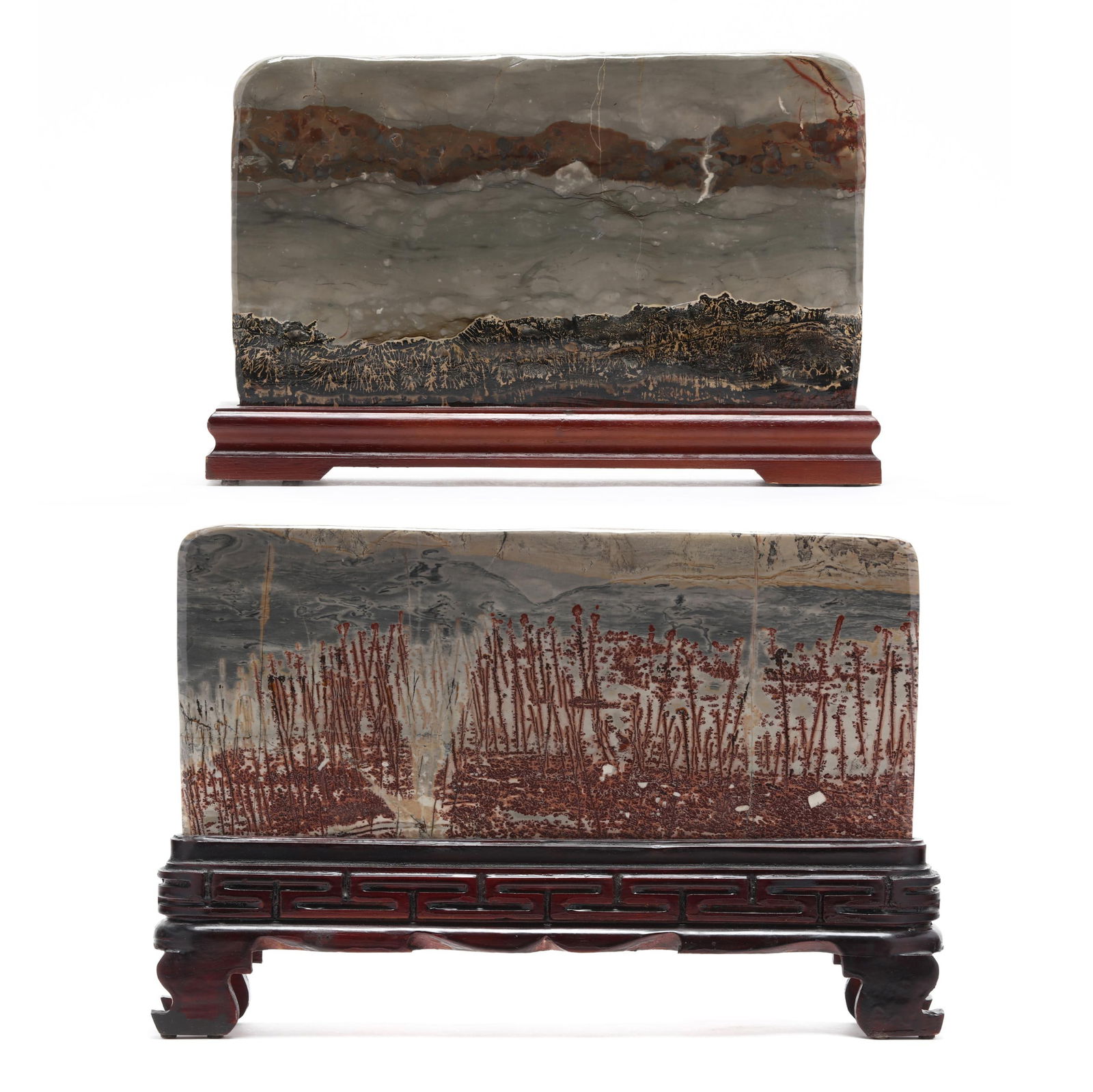 Two Chinese Dendritic Limestone Panels with Stands: Two Chinese Dendritic Limestone Panels with Standspolished limestone set into carved wooden stands, the natural graduations of the stones admired for their resemblance to grand mountainous landscapes,