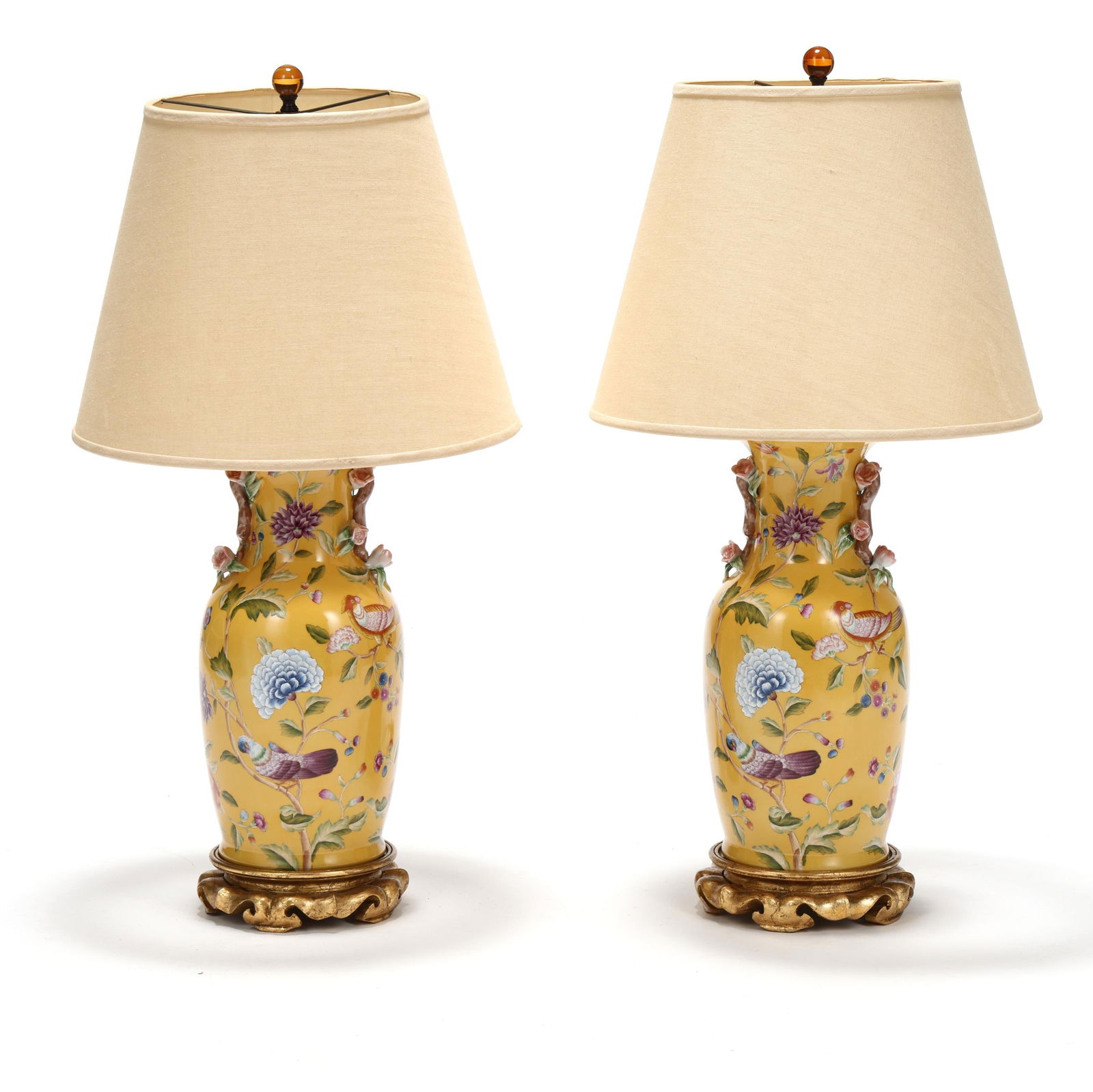 Speer, Pair of Chinoiserie Yellow Ground Porcelain Vase Table Lamps: Speer, Pair of Chinoiserie Yellow Ground Porcelain Vase Table Lamps late 20th century, hand-painted porcelain vases with dual budding branch form handles, yellow ground decorated with birds and chrysa