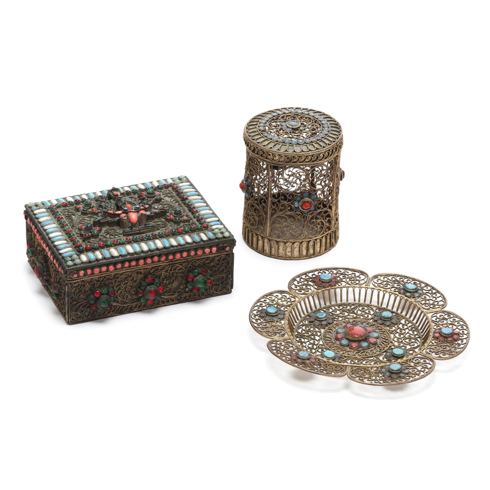 Three Tibetan Inlaid Brass Filigree Dresser Objects (1 of 7)