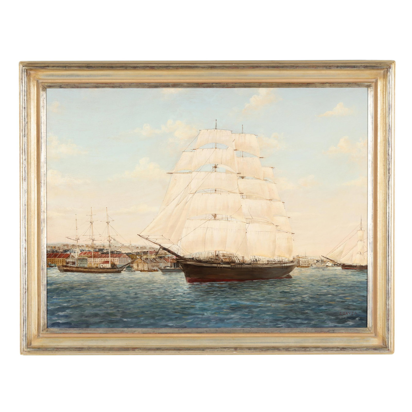 Large Contemporary Painting of a Ship Arriving at Harbor, Signed (1 of 5)