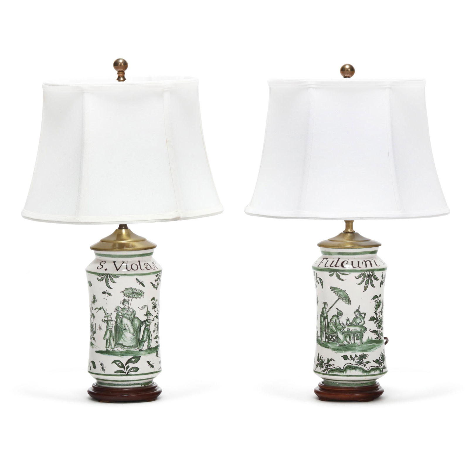 Pair of Green Faience Table Lamps with Shades (1 of 7)